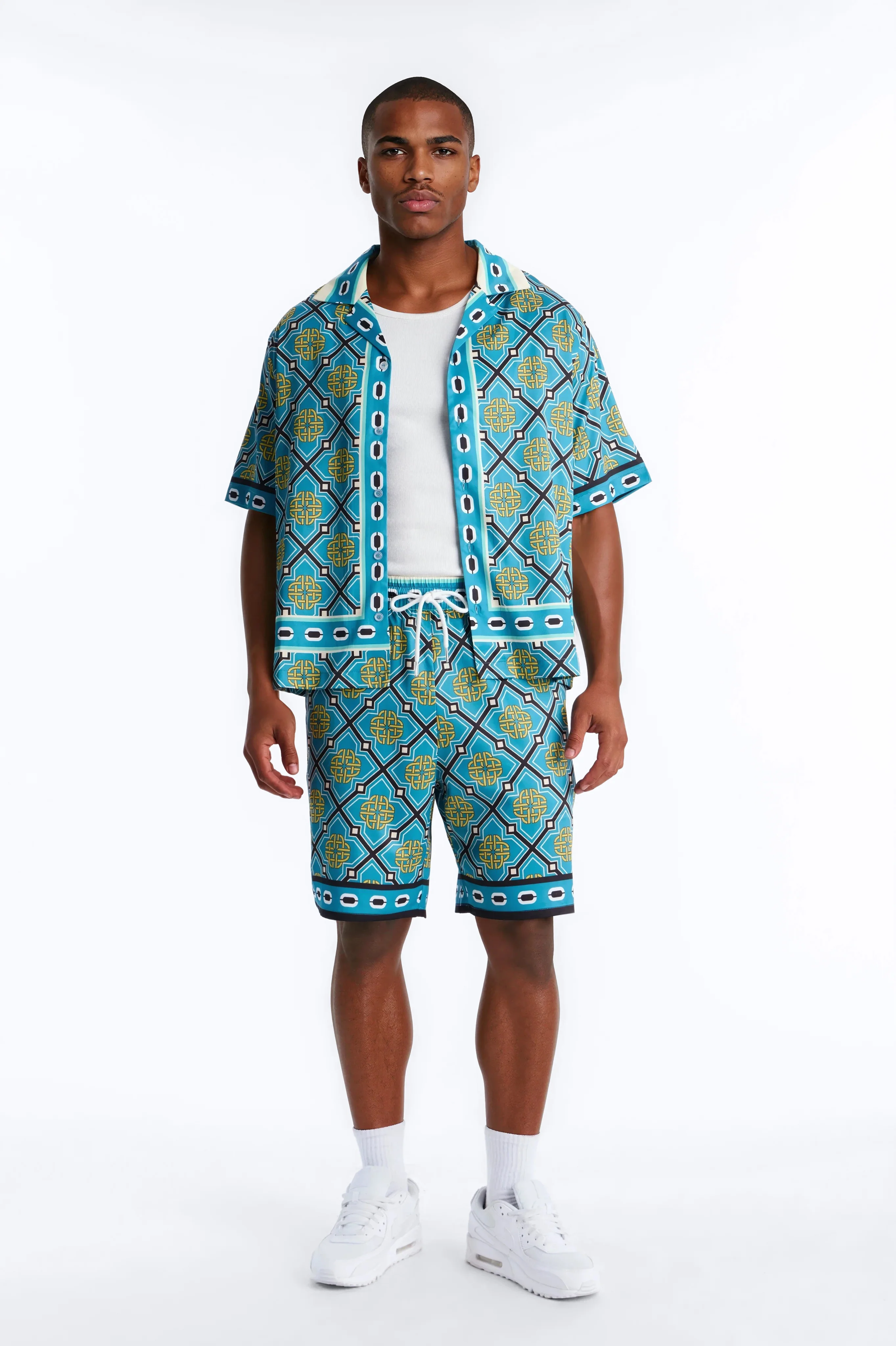 Royal Geometric Cuban Collar Button Up Shirt - Teal - Image 2