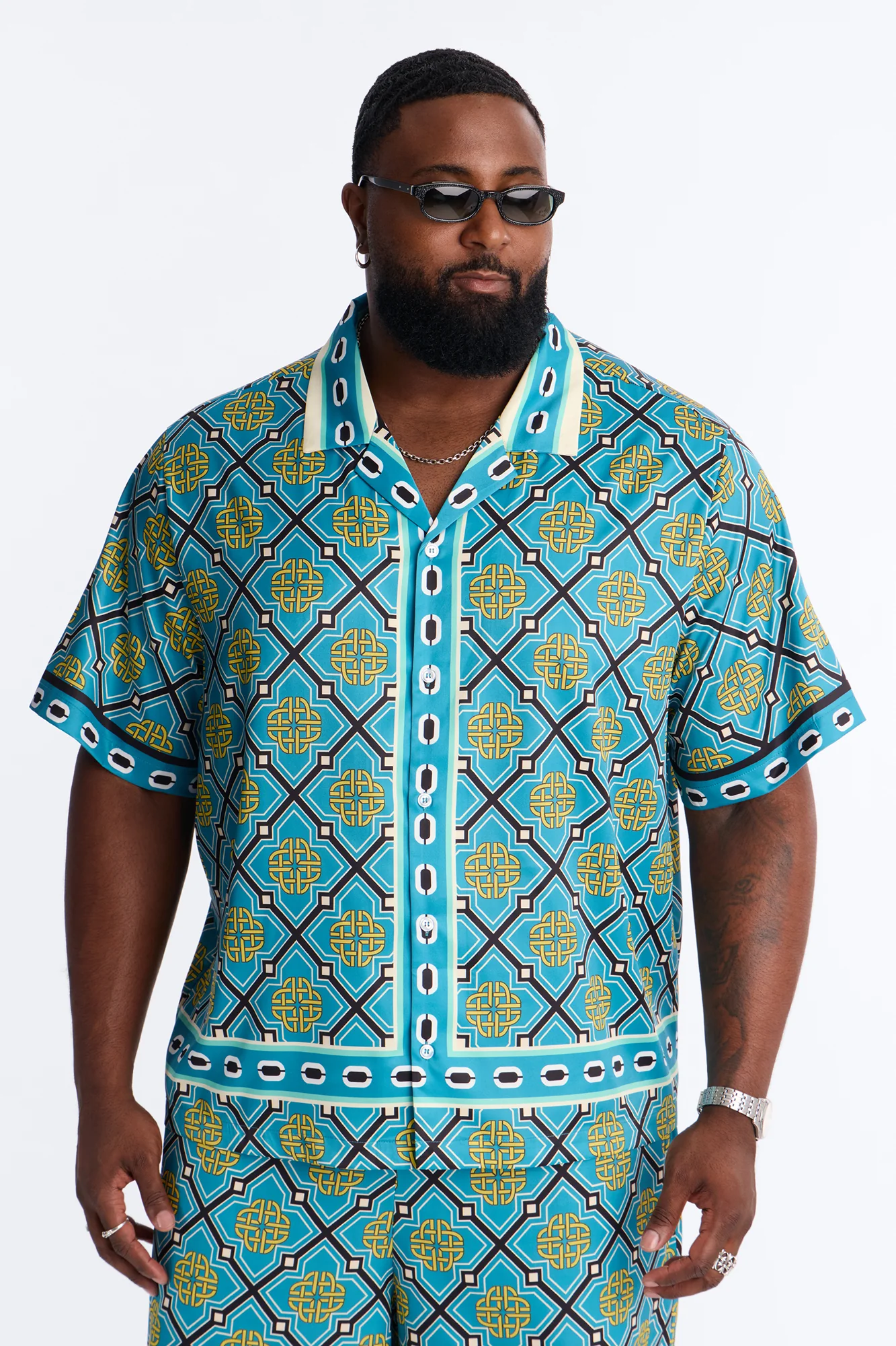 Royal Geometric Cuban Collar Button Up Shirt - Teal - Image 5