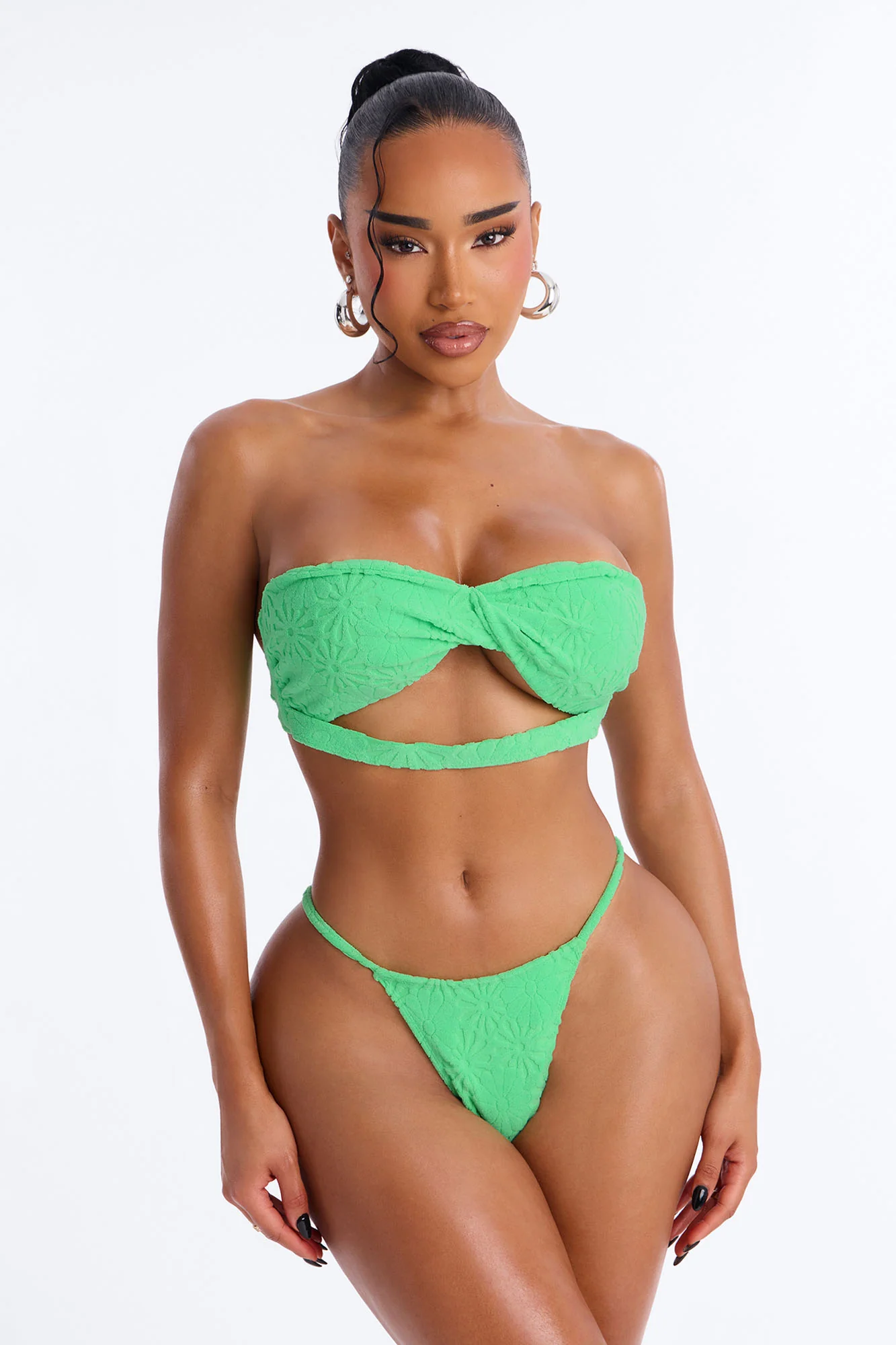 Rozy 3 Piece Textured Floral Strapless Bikini & Cover Up Booty Short Sunsuit - Lime - Image 3