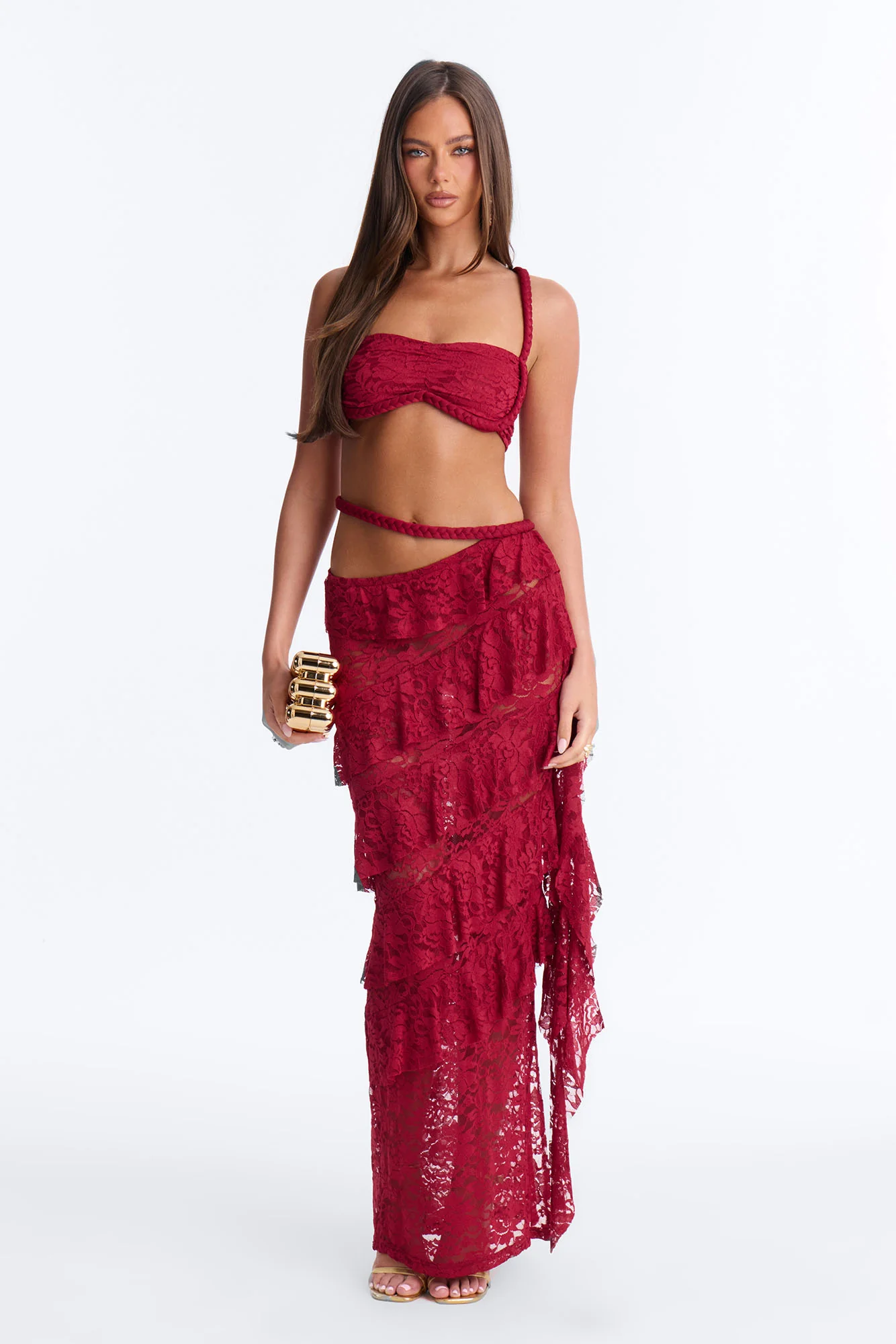 Ruby Ruffle Lace Skirt Set - Burgundy
