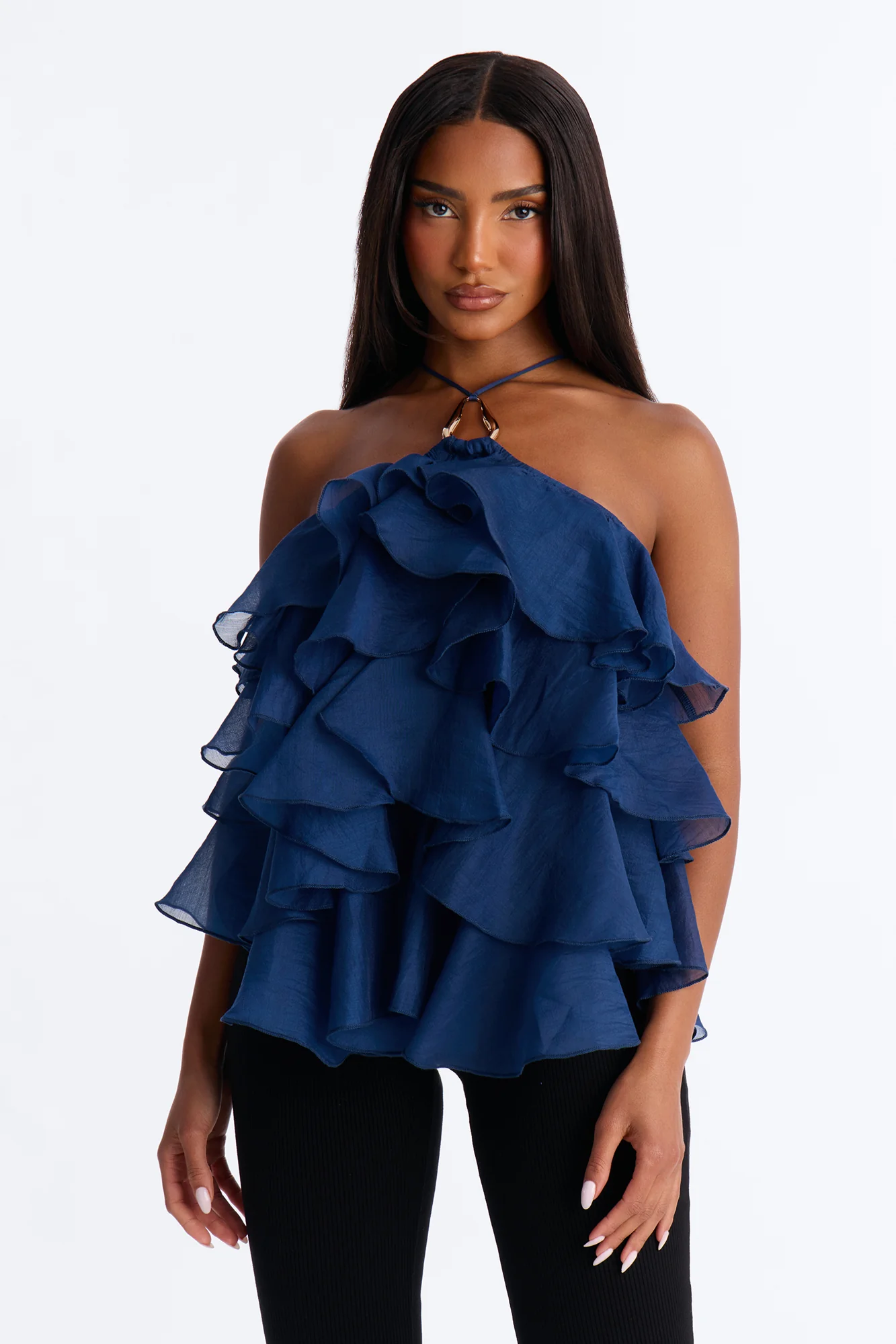 Ruffle Cutie Hardware Organza Halter Top - Navy