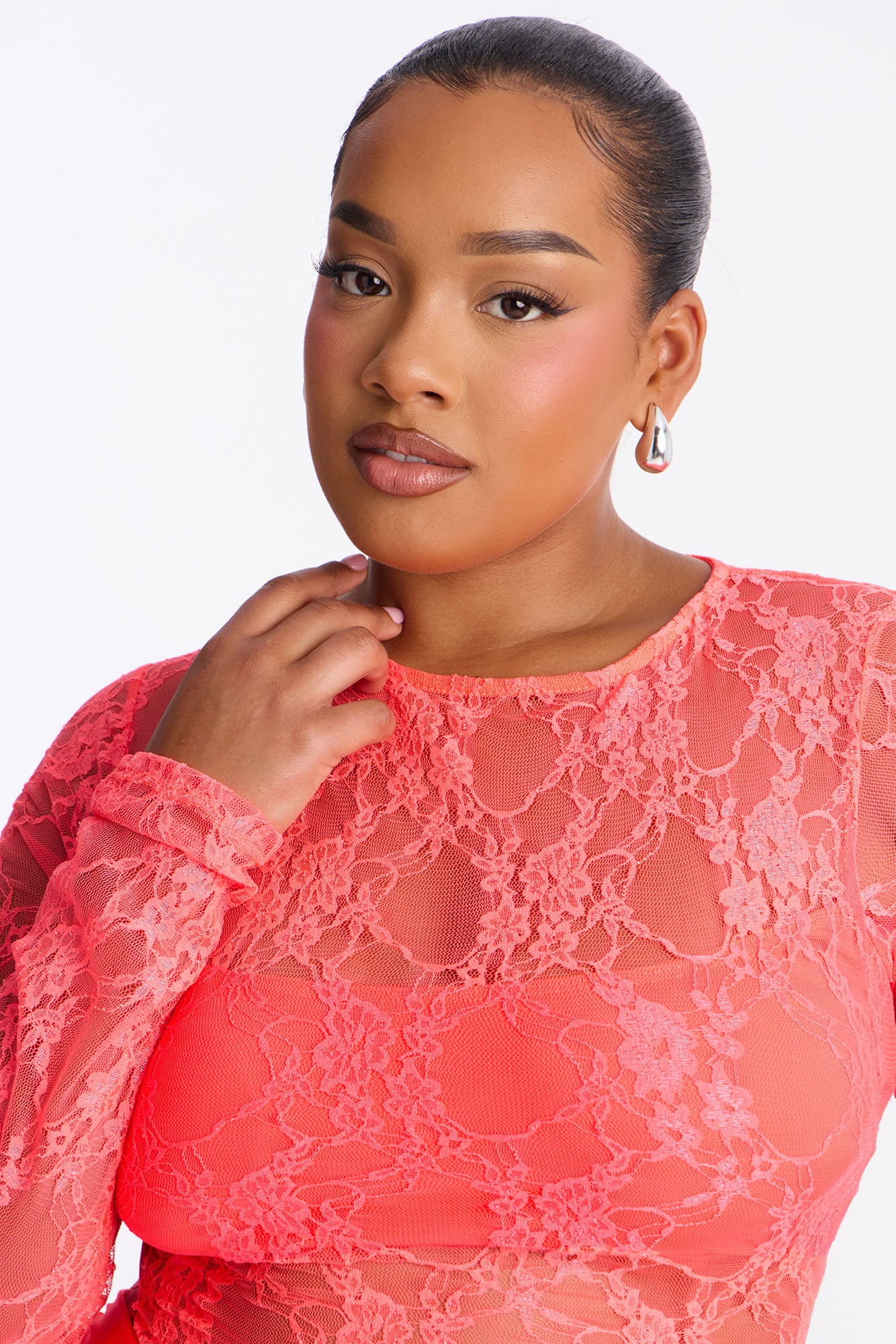Sabina Sheer Lace Micro Mini Dress - Neon Coral - Image 6