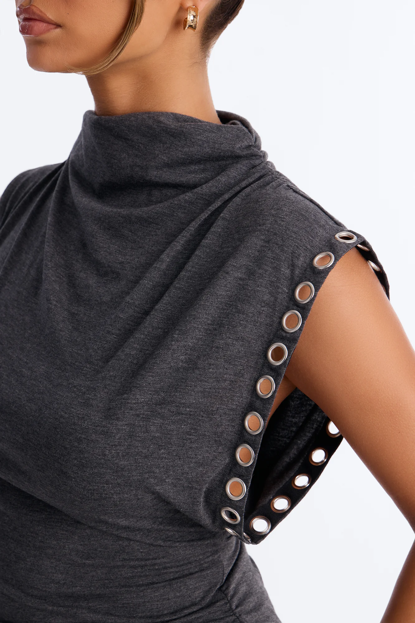 Sabrina Mock Neck Grommet Short Sleeve Top - Charcoal - Image 3