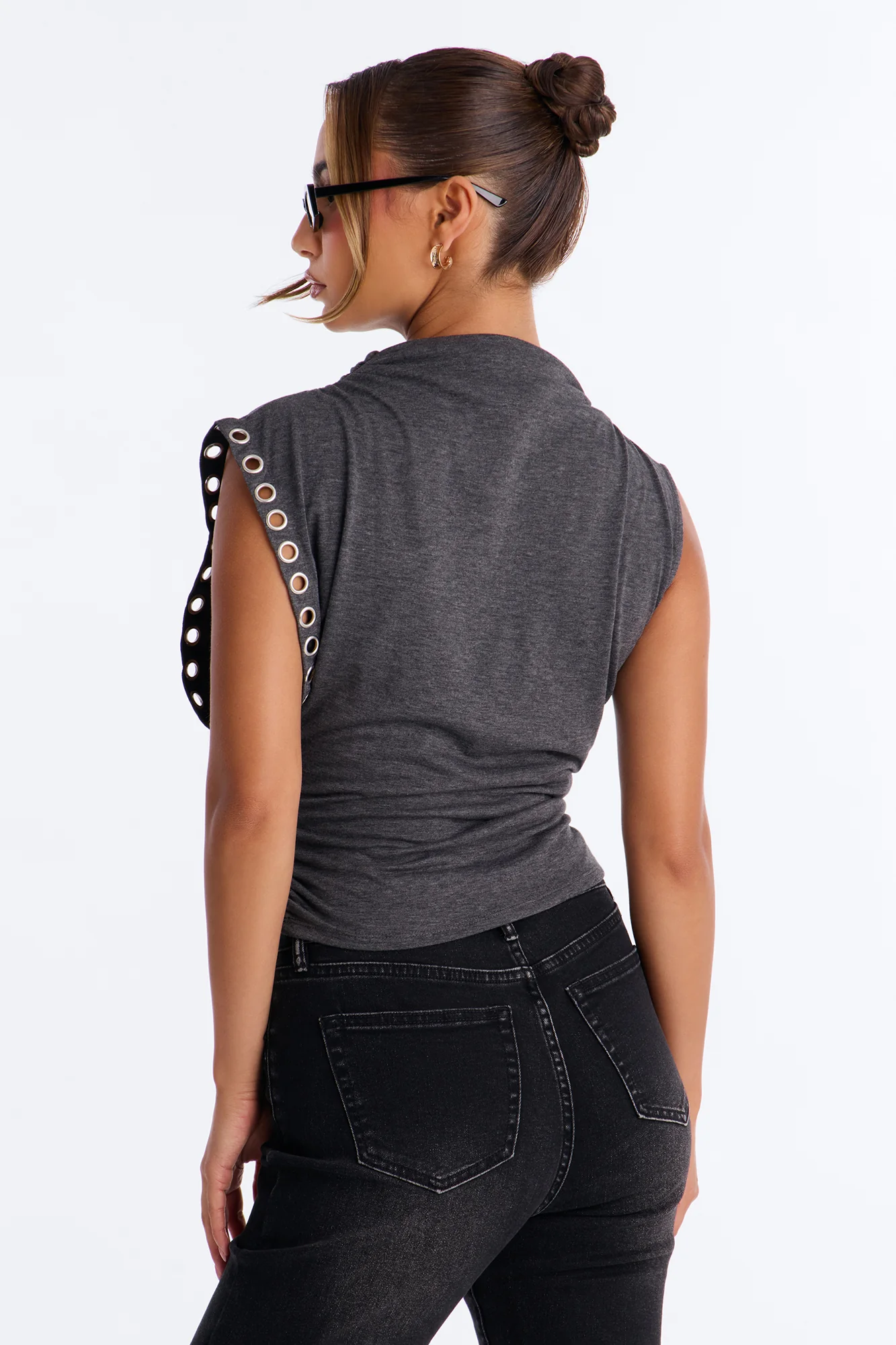 Sabrina Mock Neck Grommet Short Sleeve Top - Charcoal - Image 4