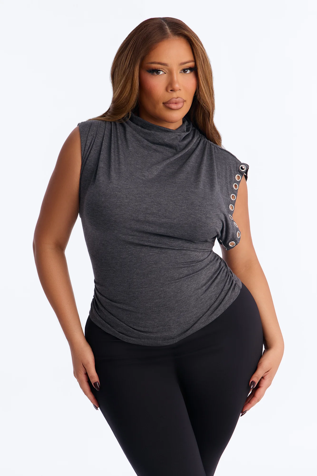 Sabrina Mock Neck Grommet Short Sleeve Top - Charcoal - Image 5