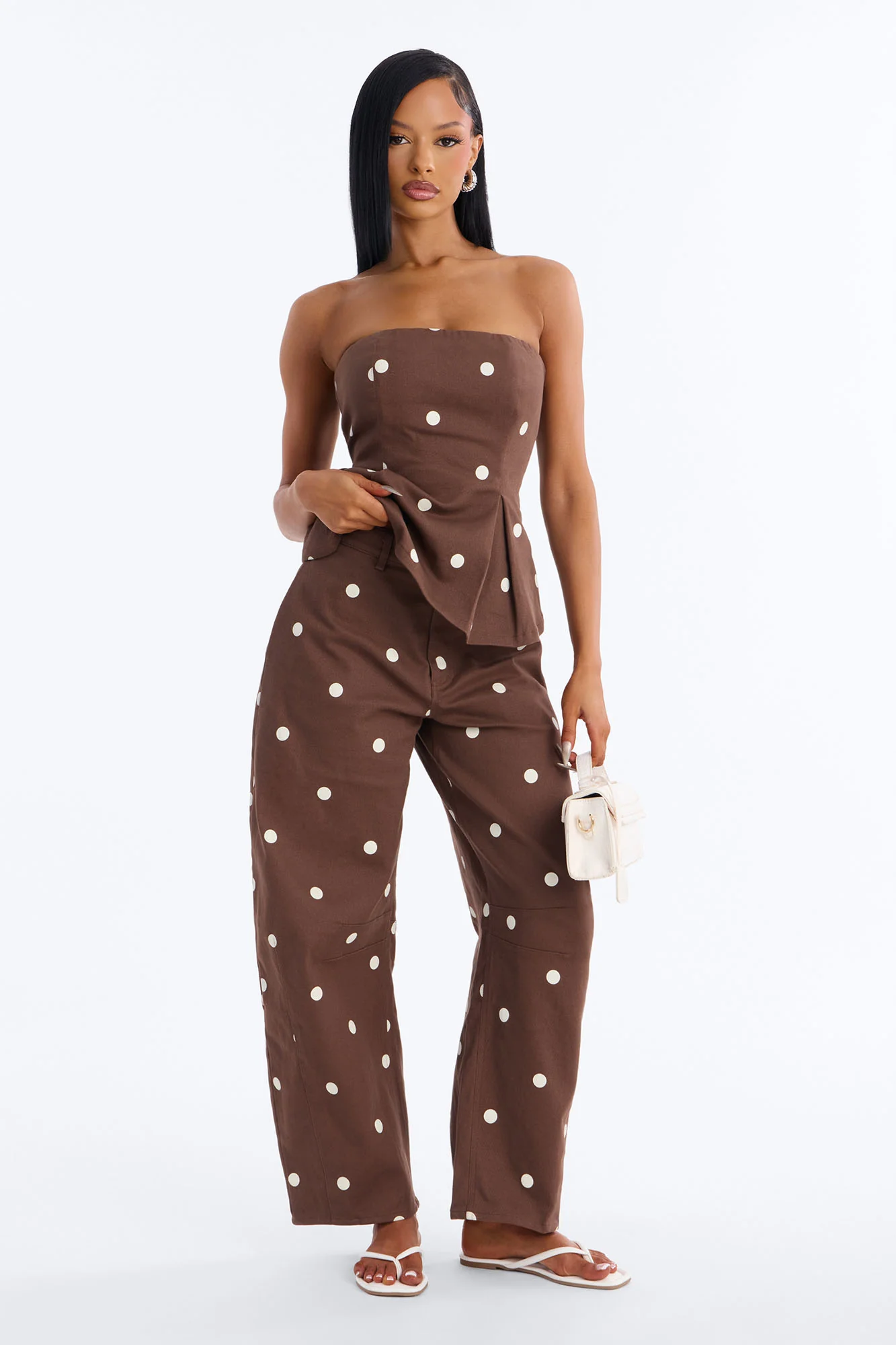 Sabrina Polka Dot Twill Pant Set - Brown/combo
