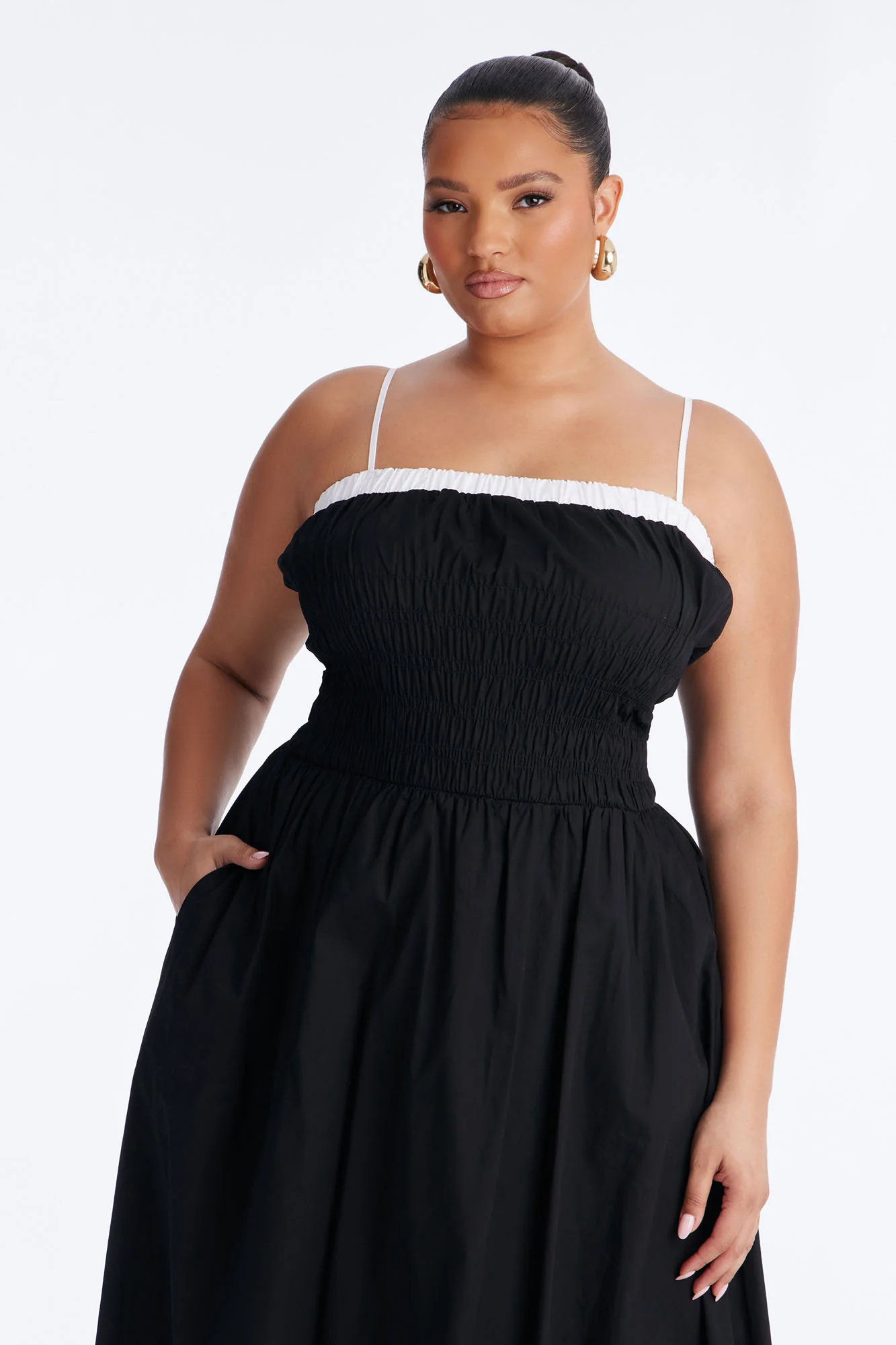 Sabrina Ruched Poplin Midi Dress - Black/White - Image 6