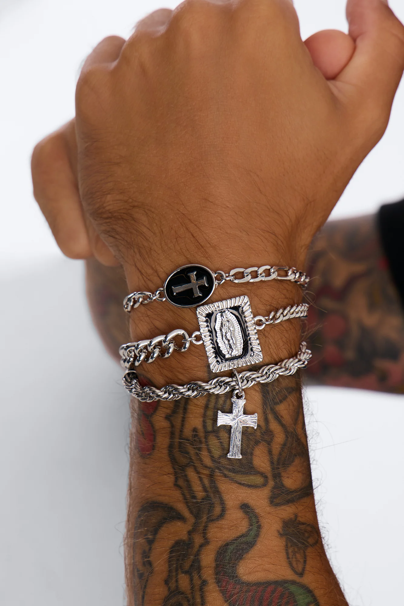 Saint Cross Pendant Bracelet Set - Silver