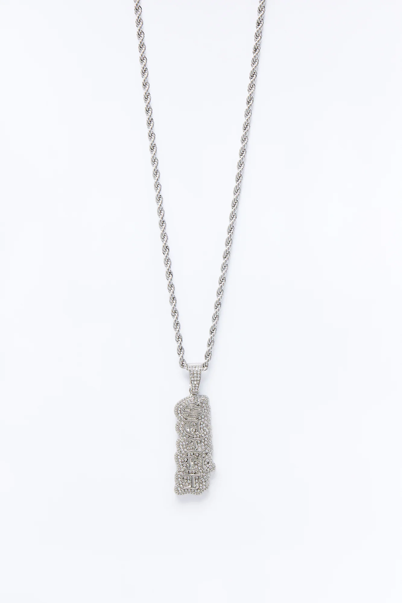 Saint Script Vertical Iced Pendant Necklace - Silver - Image 3