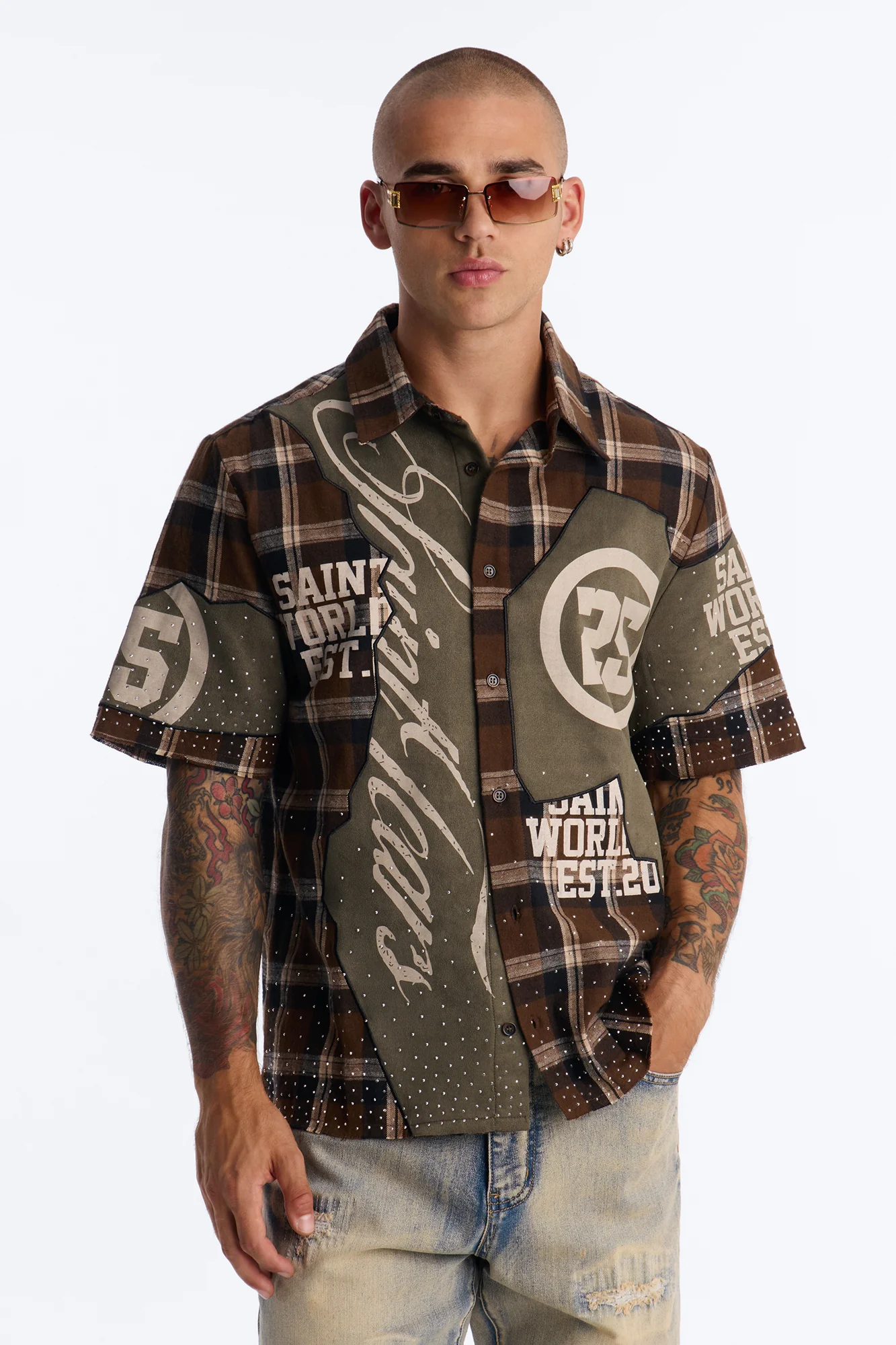 Saints Tears Plaid Button Up Shirt - Brown/combo