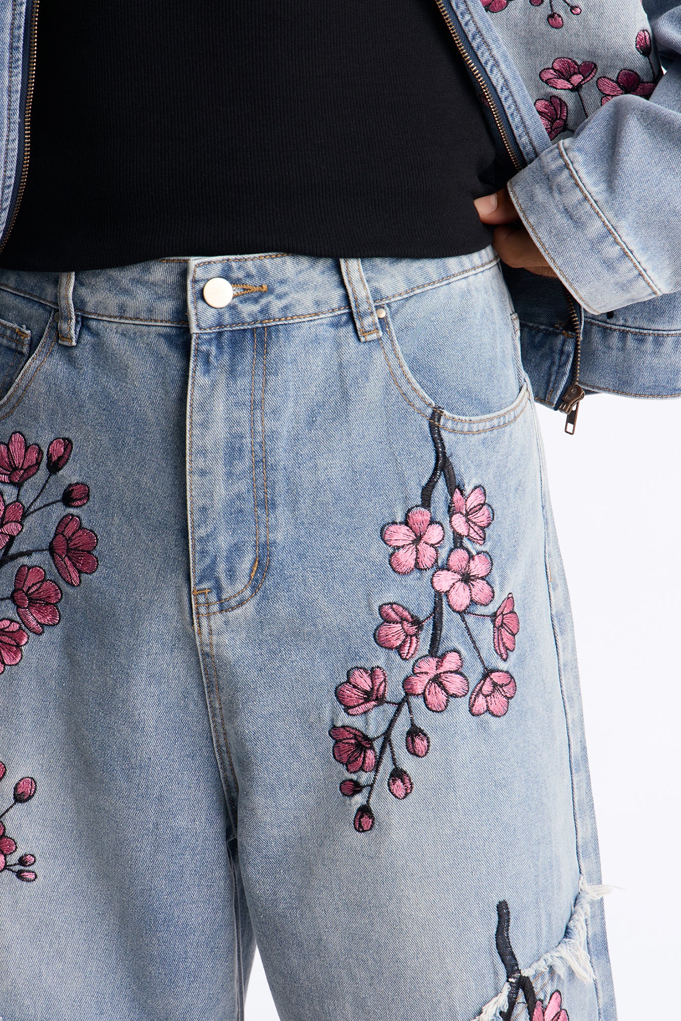 Sakura Flora Embroidered Baggy Denim Short - Light Blue Wash - Image 3