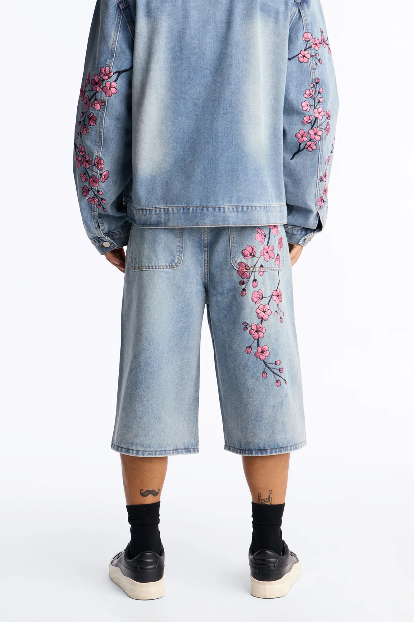 Sakura Flora Embroidered Baggy Denim Short - Light Blue Wash - Image 4