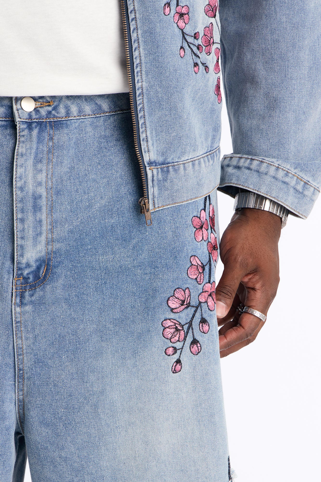 Sakura Flora Embroidered Baggy Denim Short - Light Blue Wash - Image 7