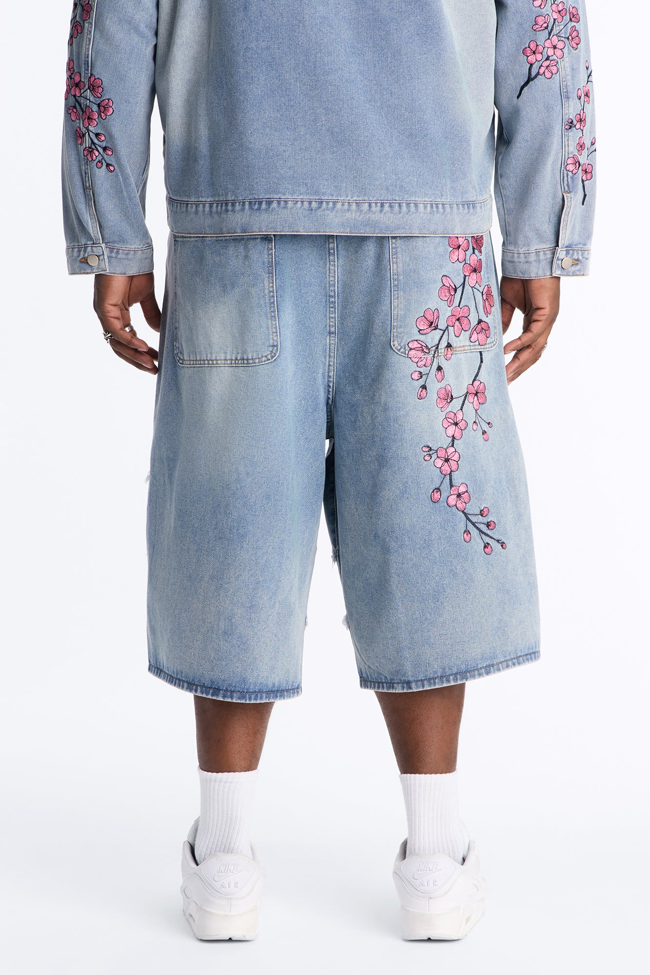 Sakura Flora Embroidered Baggy Denim Short - Light Blue Wash - Image 9