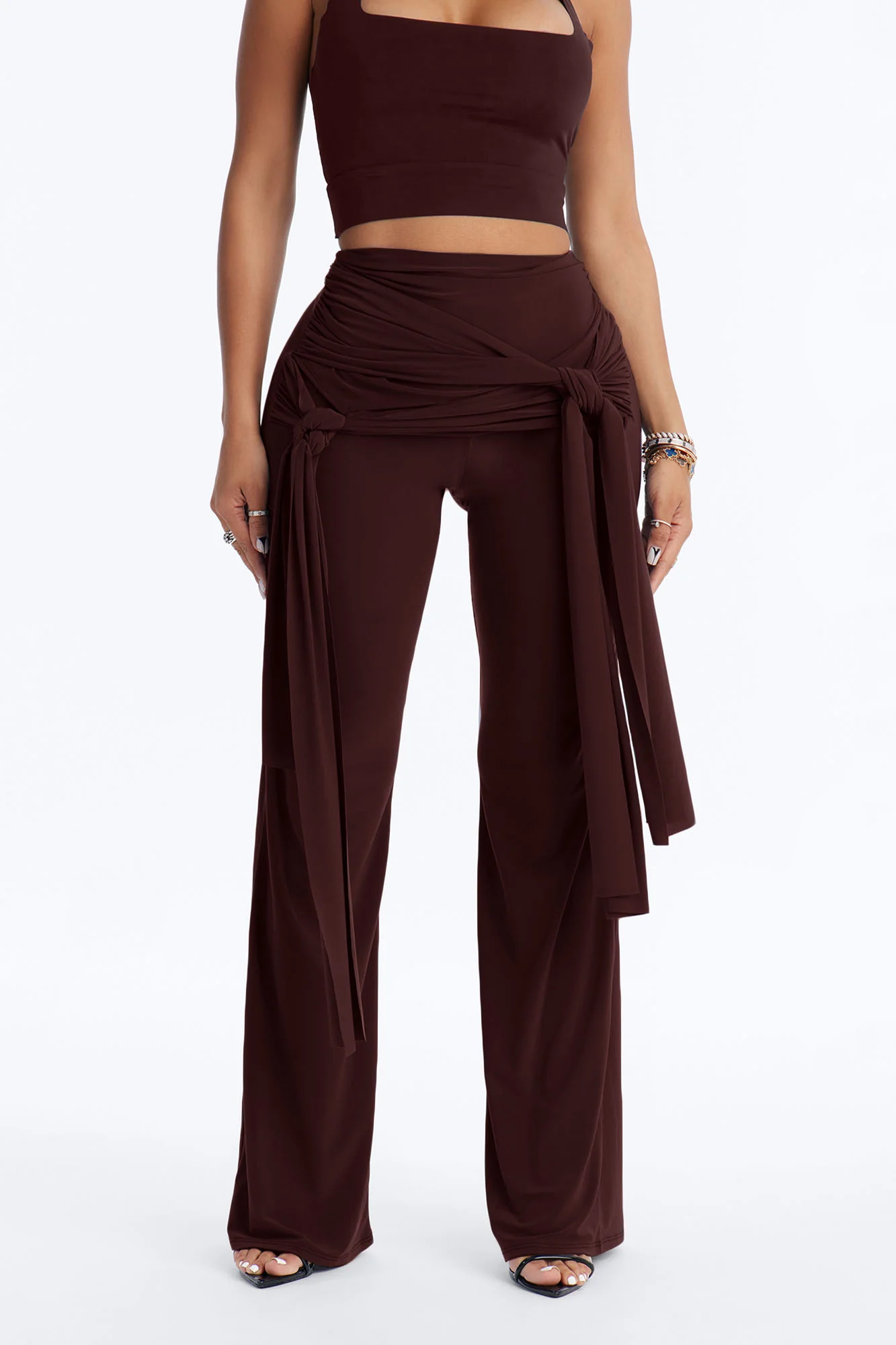 Sakura High Rise Tie Waist Flare Pants - Chocolate - Image 2