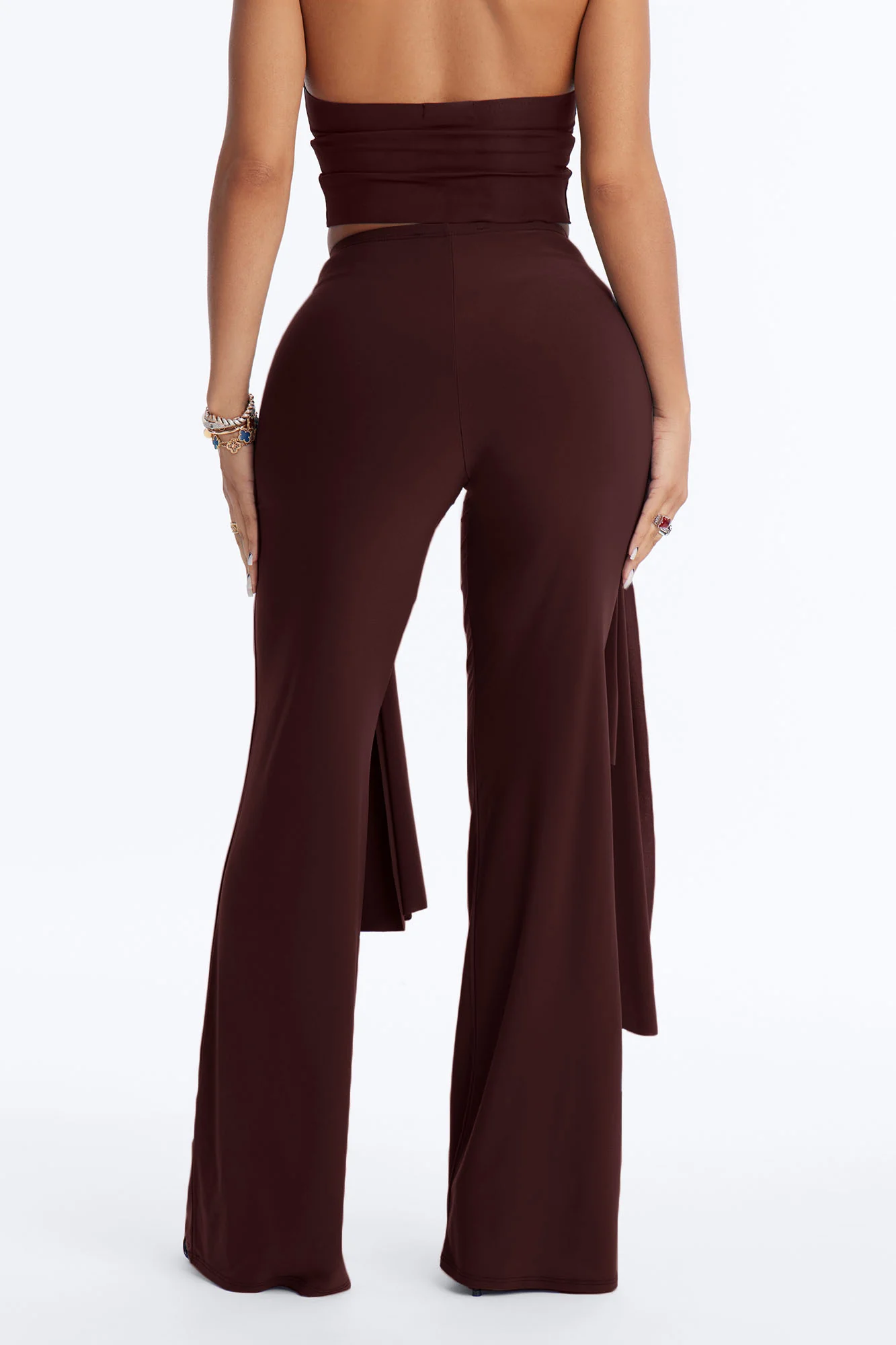 Sakura High Rise Tie Waist Flare Pants - Chocolate - Image 4