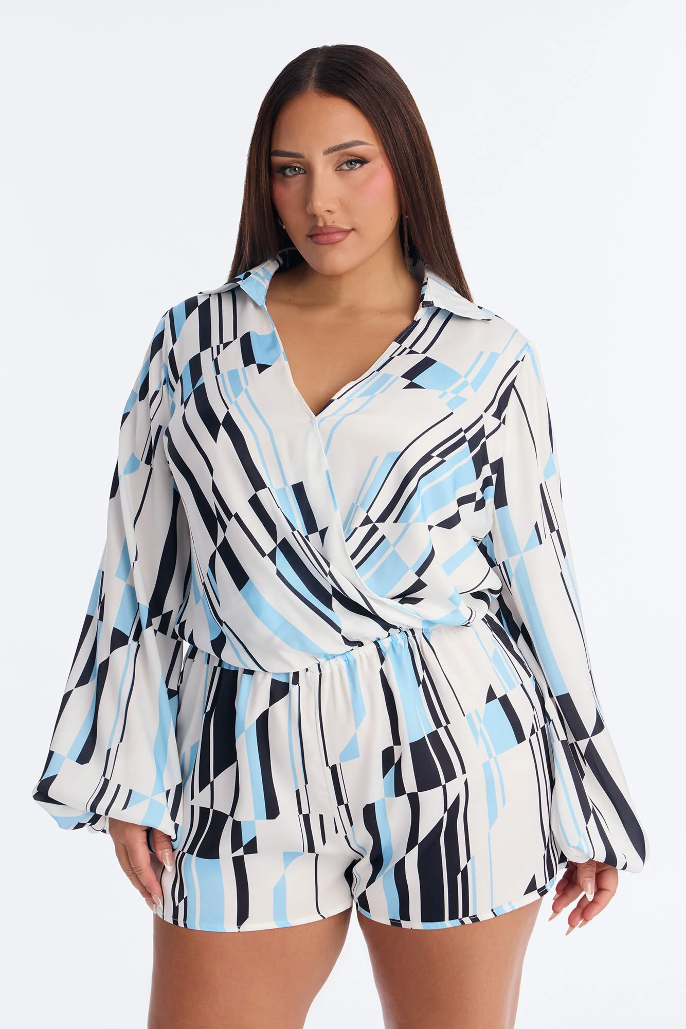Samalia Satin Collar Neck Romper - Blue - Image 5