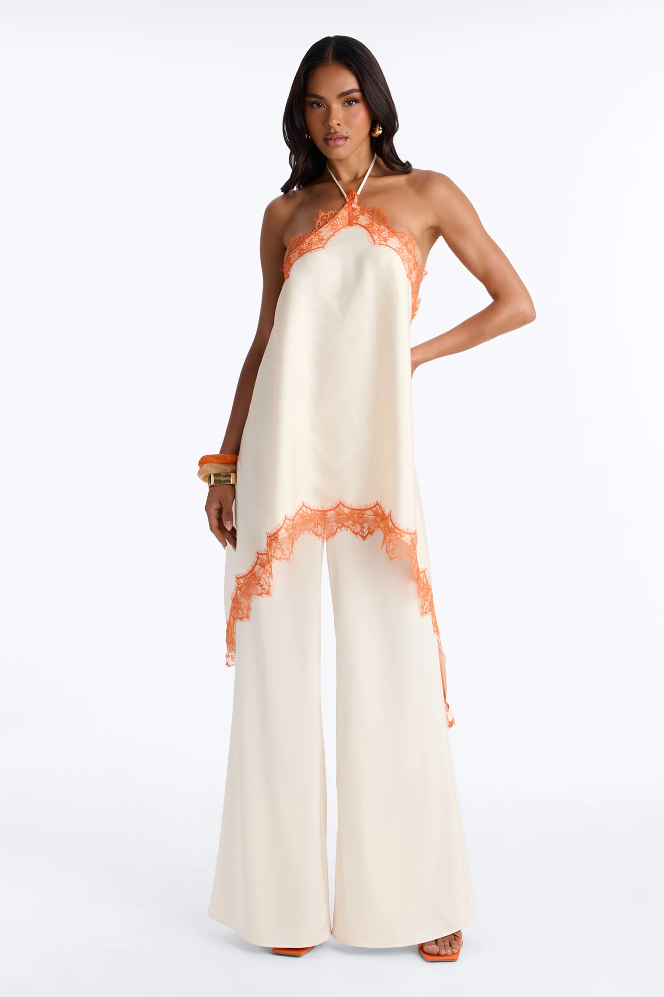 Samara Satin Lace Trim Backless Jumpsuit - Cream/combo