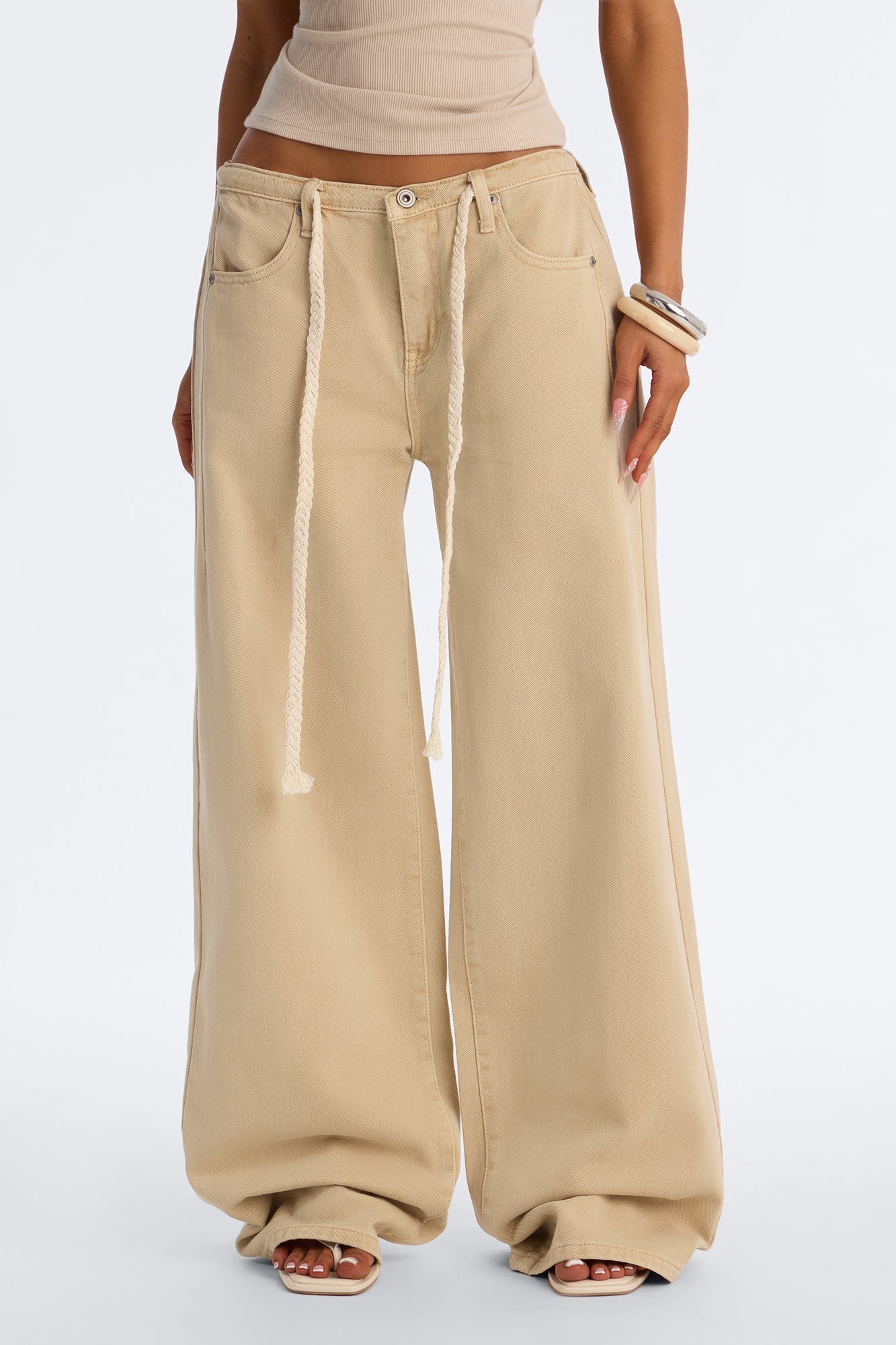 Sandstone Tie Waist Wide Leg Jeans - Khaki