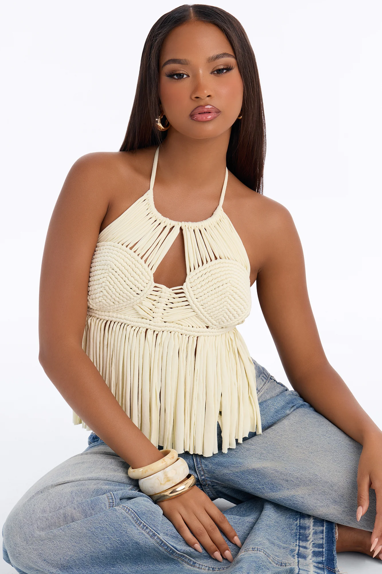 Santa Teresa Fringe Halter Top - Cream - Image 3