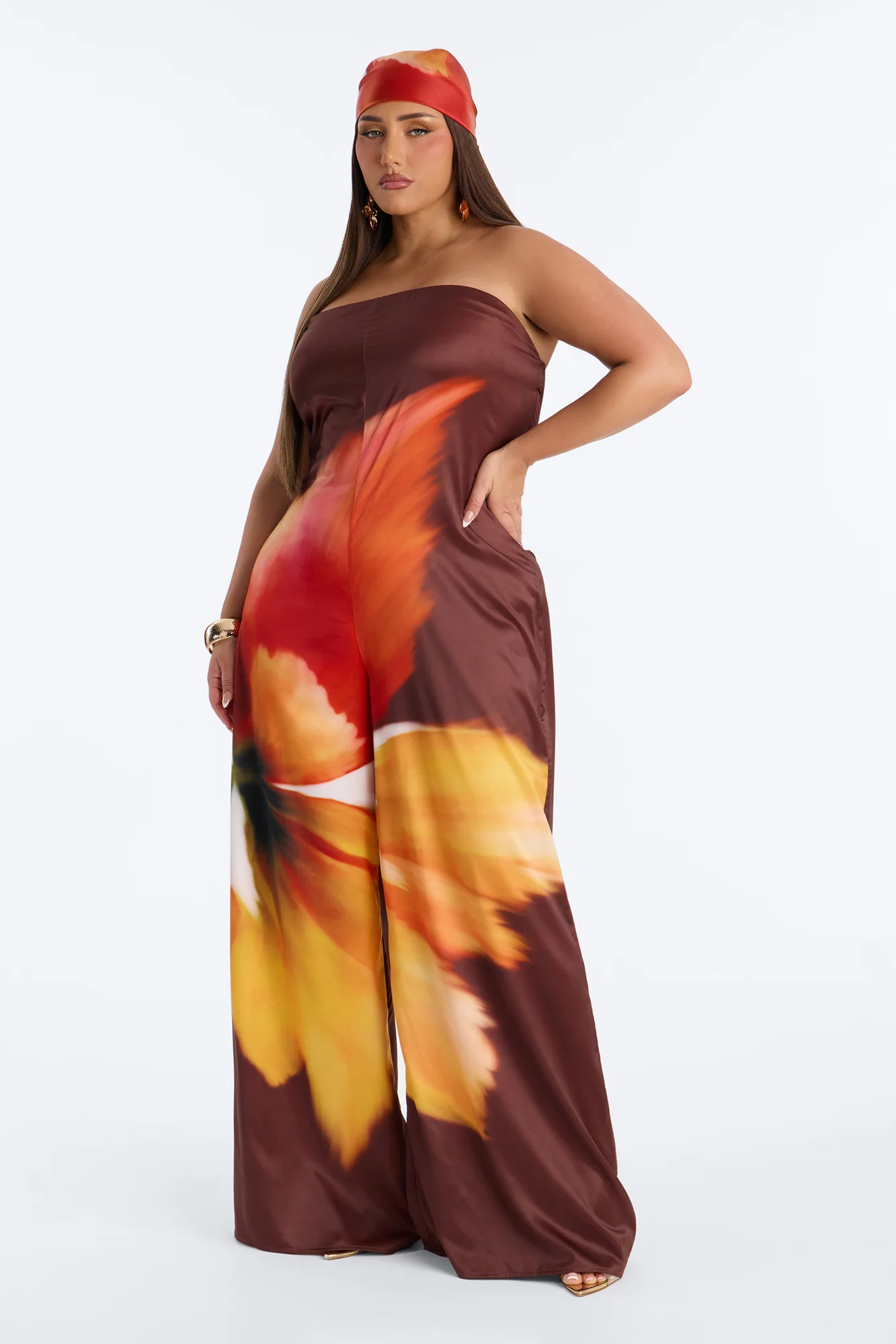 Sara Satin Head Scarf And Jumpsuit - Chocolate - Image 5