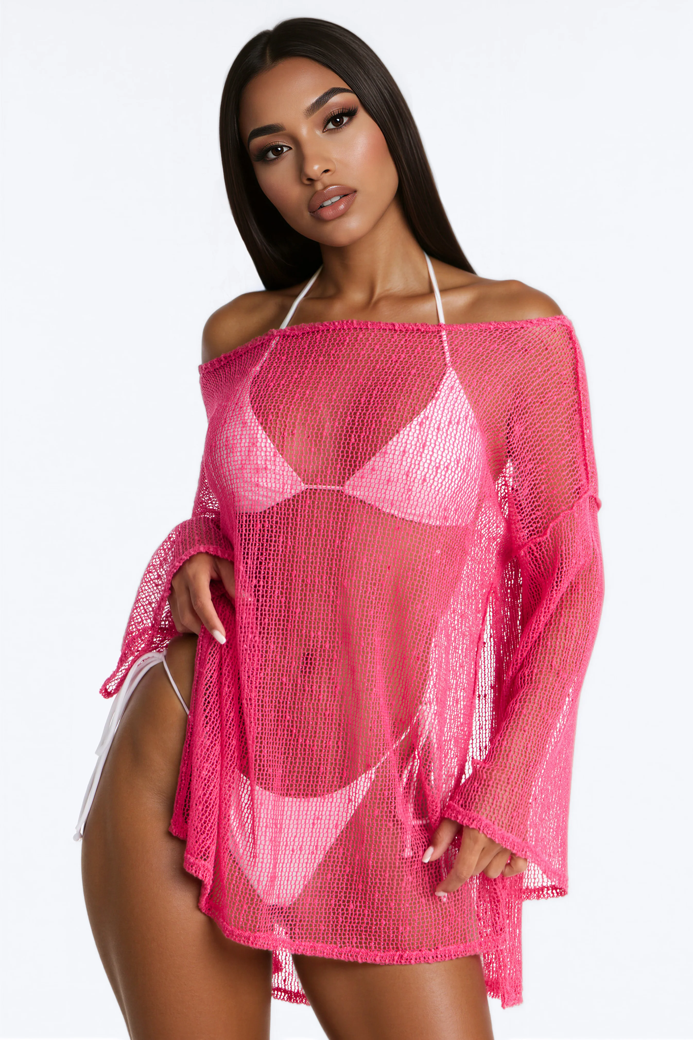 Sarah Textured Long Sleeves Off Shoulder Swim Cover Up Top - Hot Pink