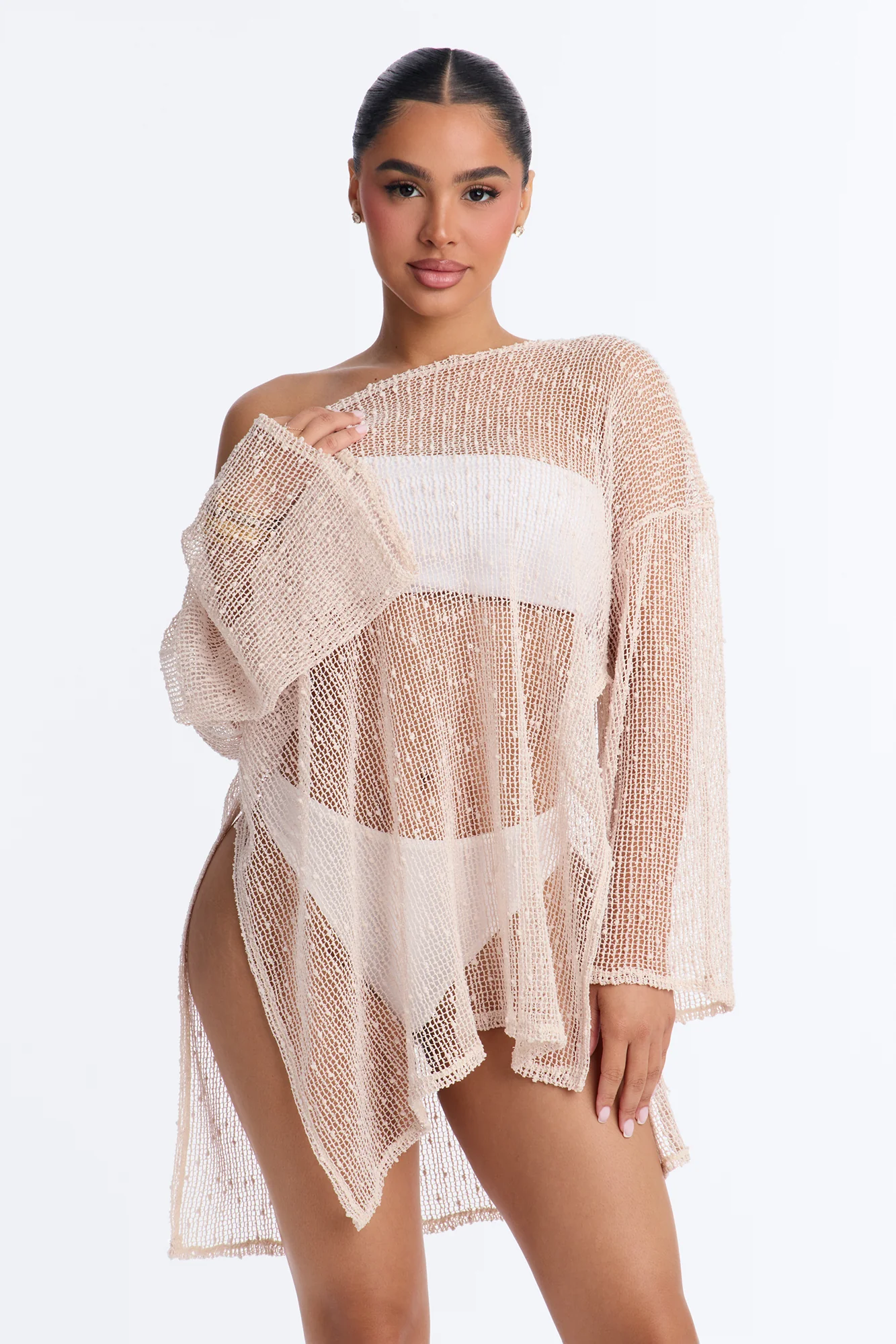 Sarah Textured Long Sleeves Off Shoulder Swim Cover Up Top - Taupe - Image 2