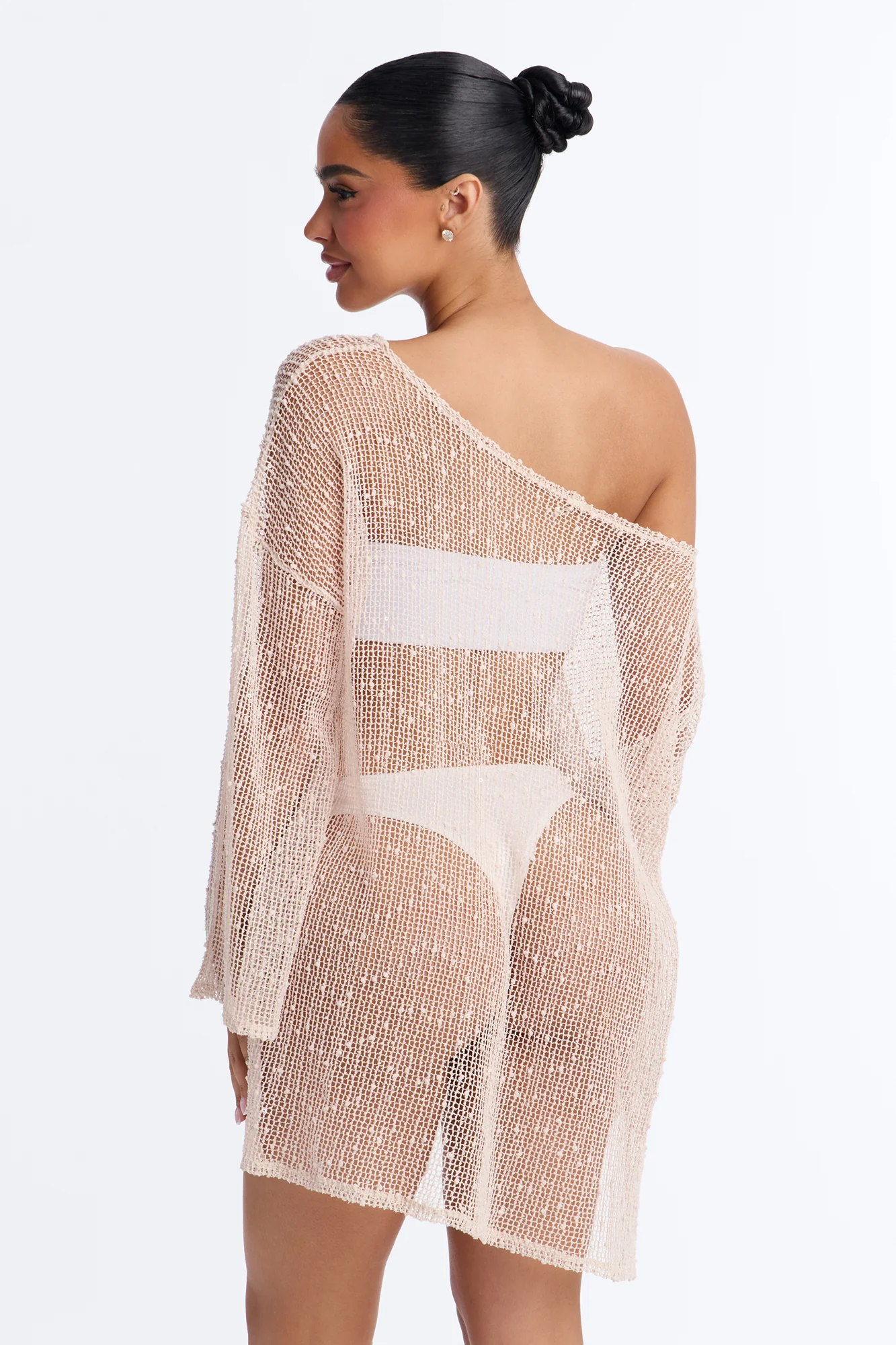 Sarah Textured Long Sleeves Off Shoulder Swim Cover Up Top - Taupe - Image 4