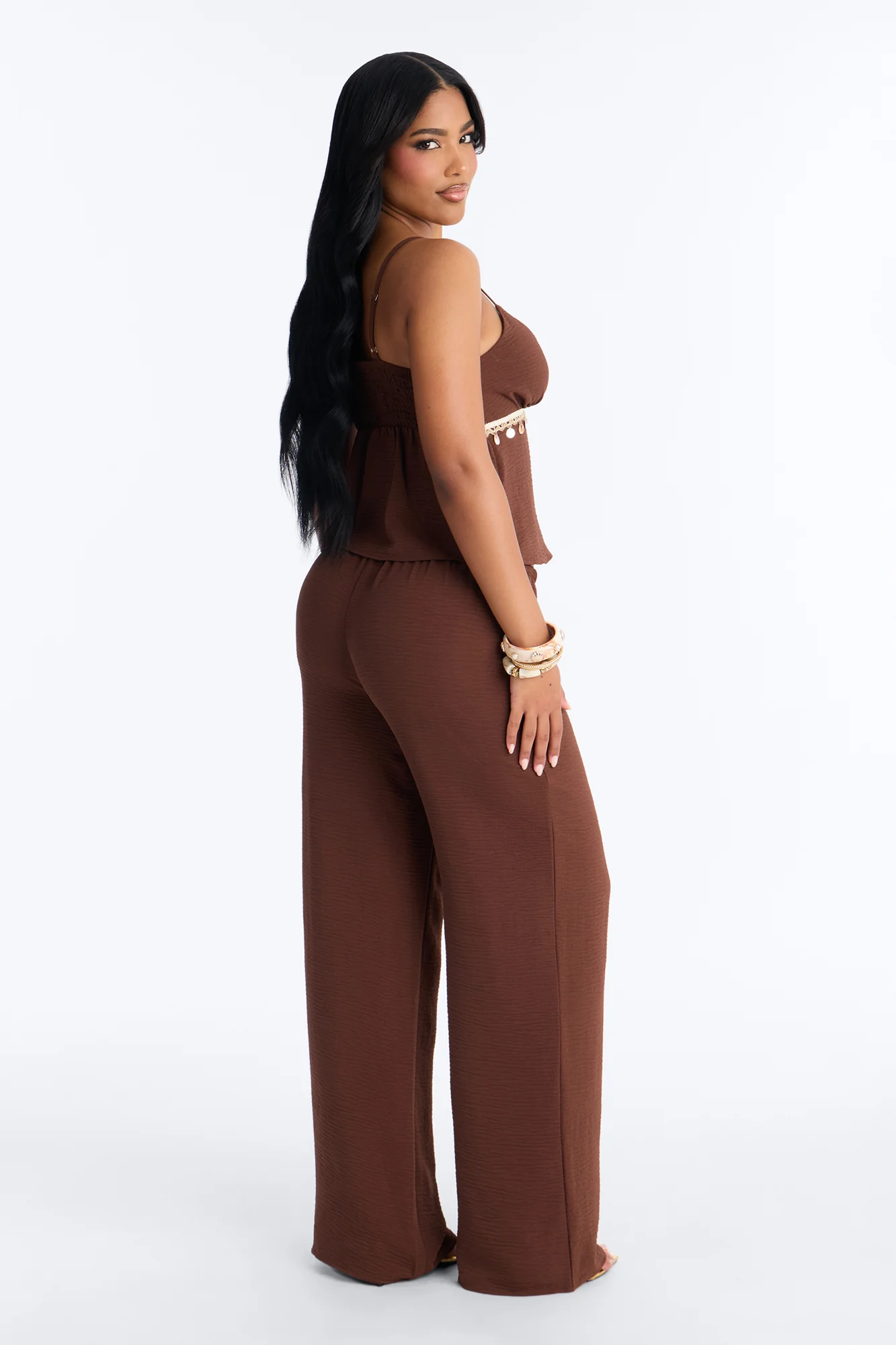 Sasha Embellished Wide Leg Pant Set - Chocolate - Image 4