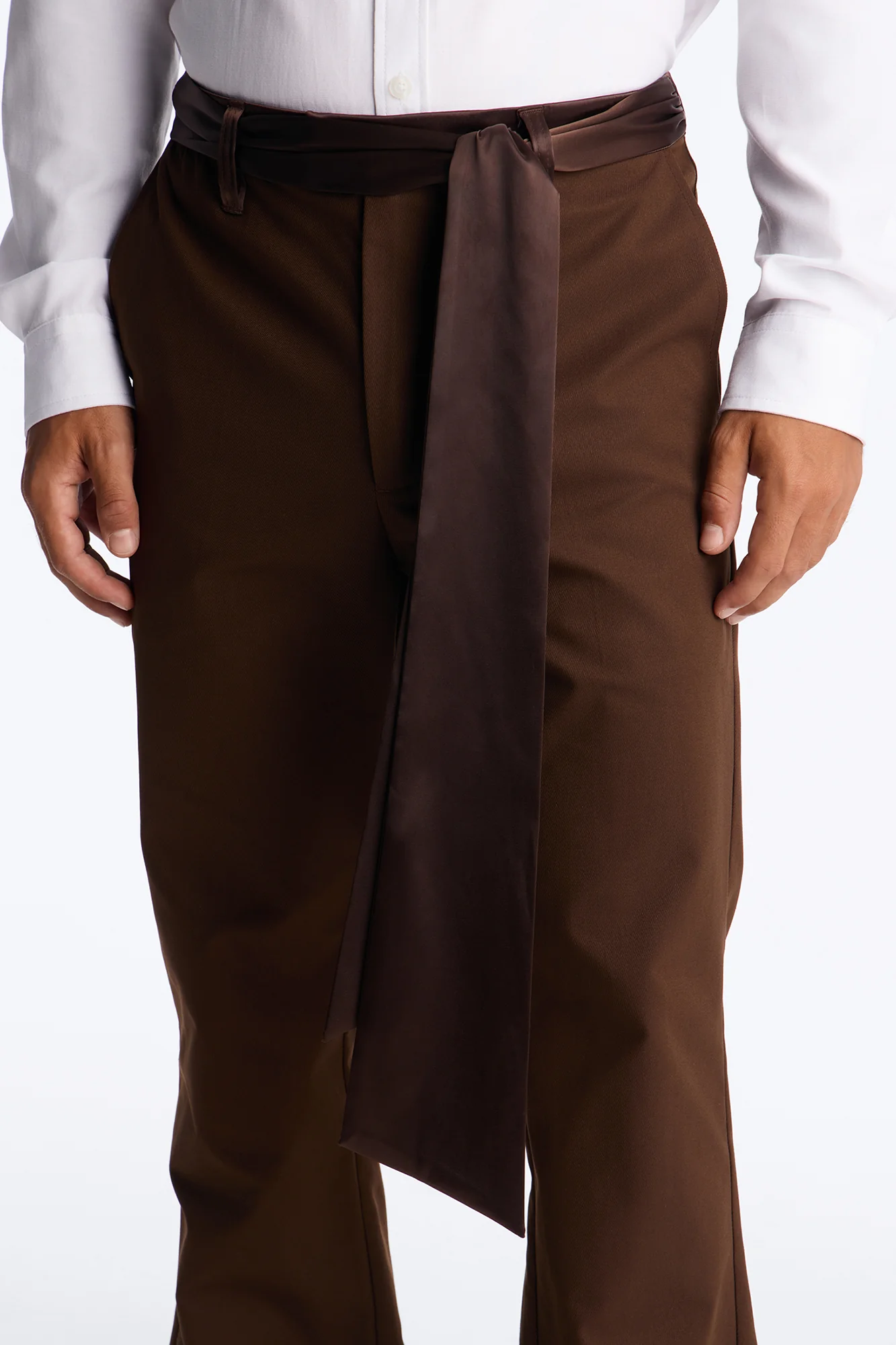 Satin Wrapped Waistband Straight Flare Trouser - Brown - Image 3