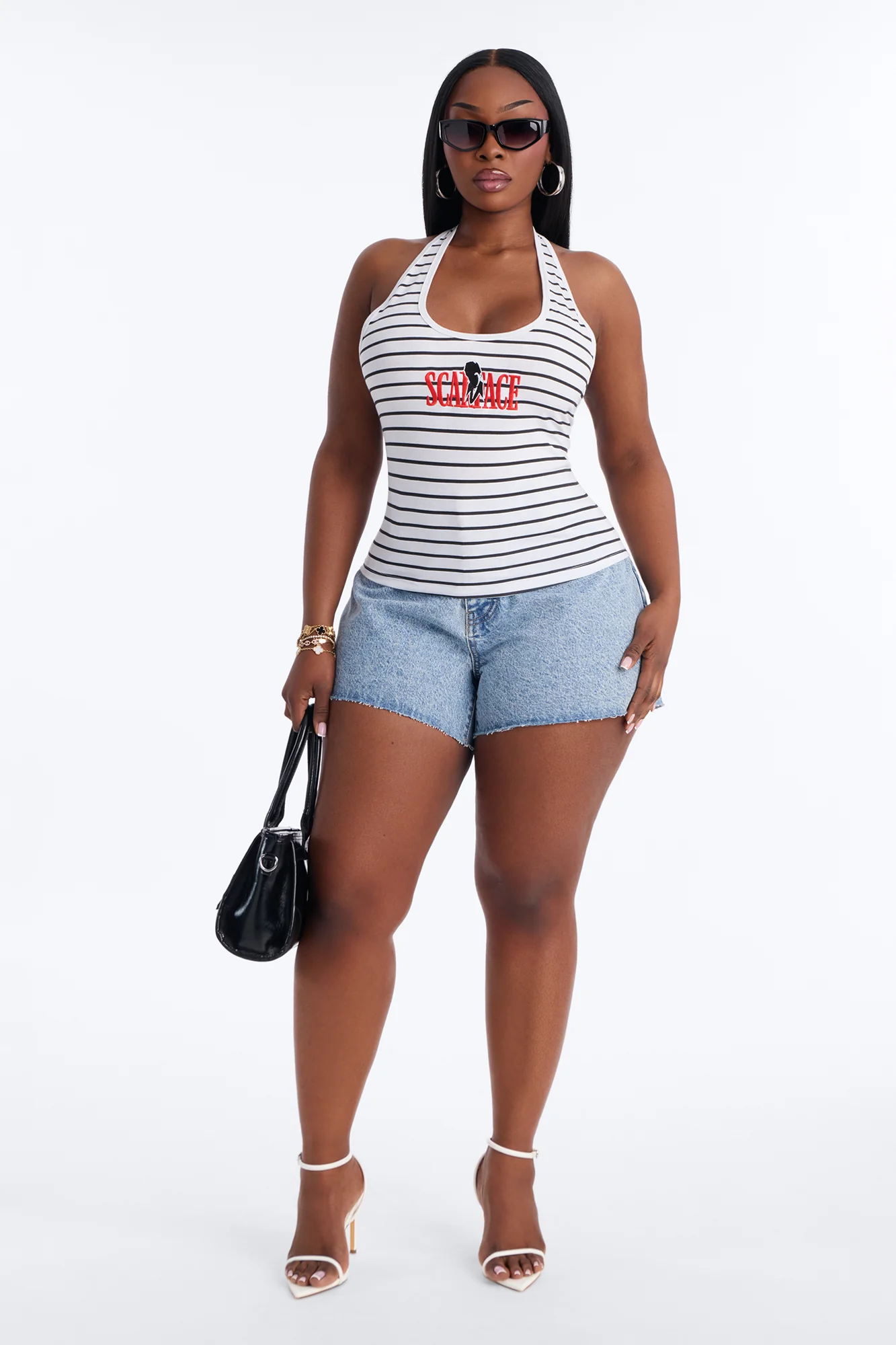 Scarface Stripe Halter With Embroidery - Black/White - Image 6
