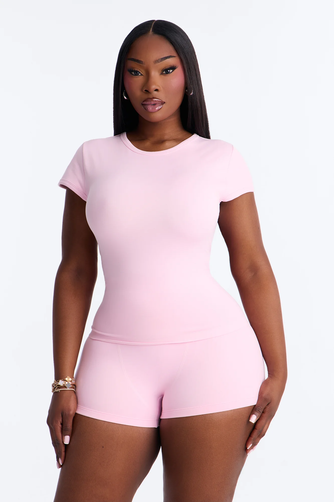 Seamless Smooth Double Lined Cap Sleeve Baby Tee - Light Pink - Image 6
