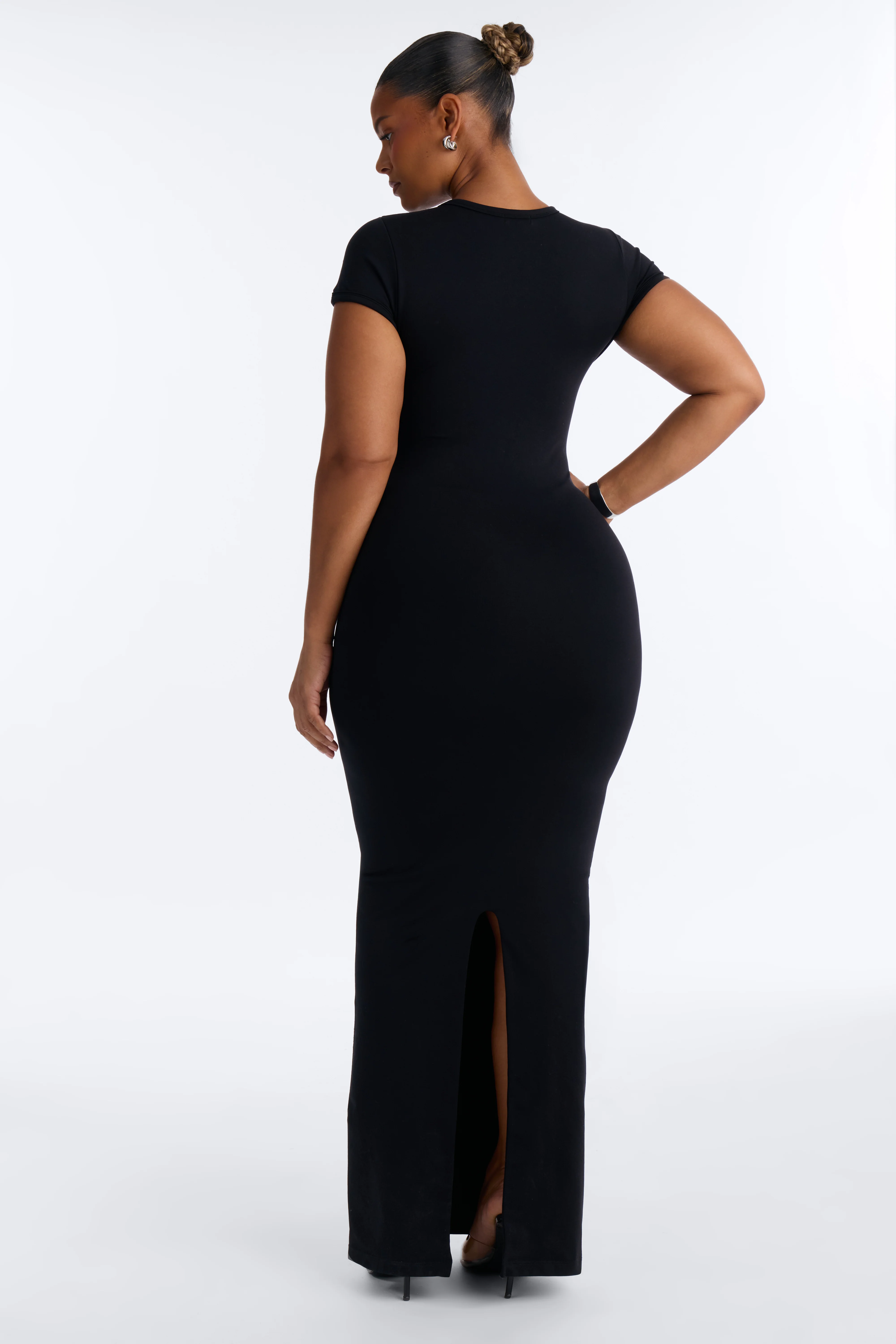 Seamless Smooth Double Lined Cap Sleeve Maxi Dress - Black - Image 6