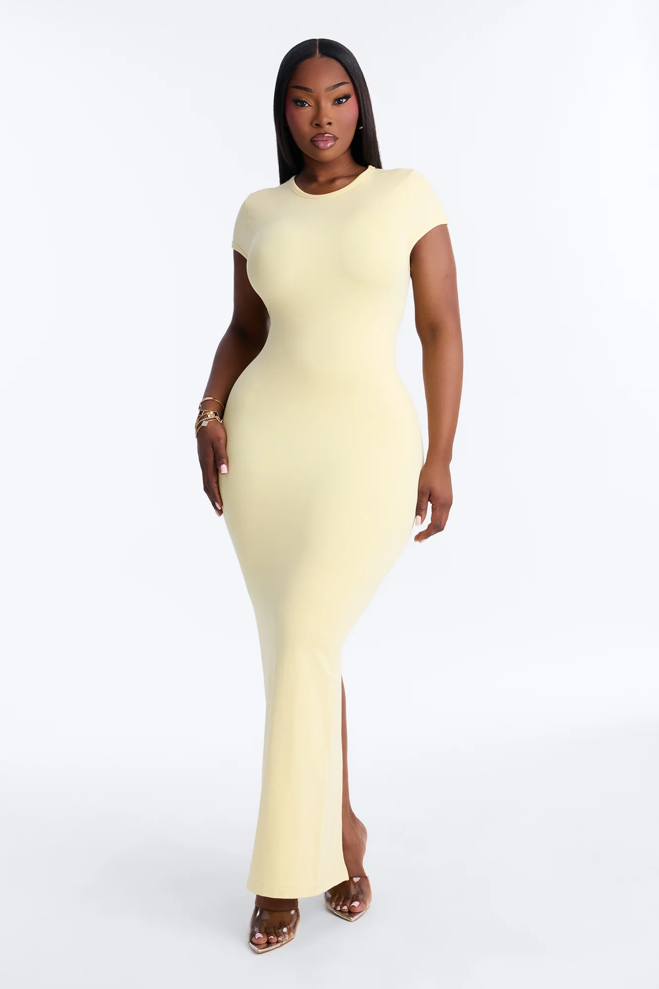 Seamless Smooth Double Lined Cap Sleeve Maxi Dress - Butter Yellow - Image 4