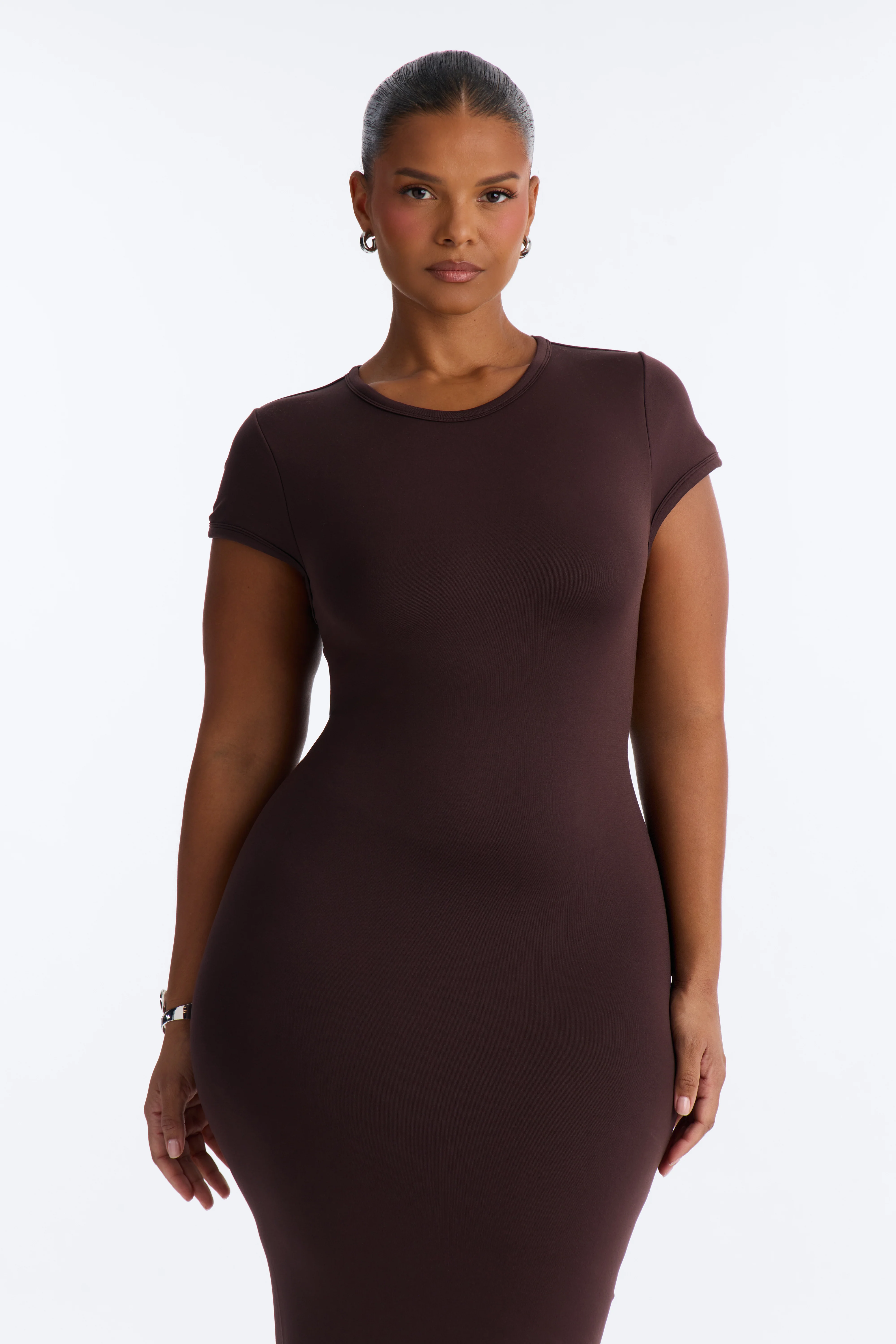 Seamless Smooth Double Lined Cap Sleeve Maxi Dress - Chocolate - Image 5