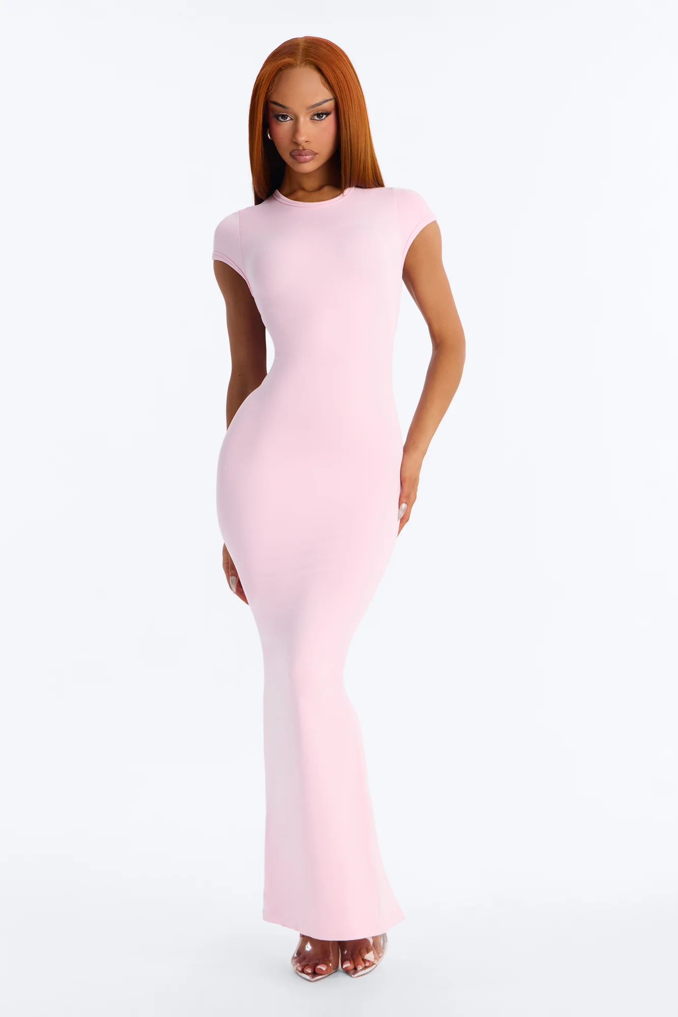 Seamless Smooth Double Lined Cap Sleeve Maxi Dress - Light Pink