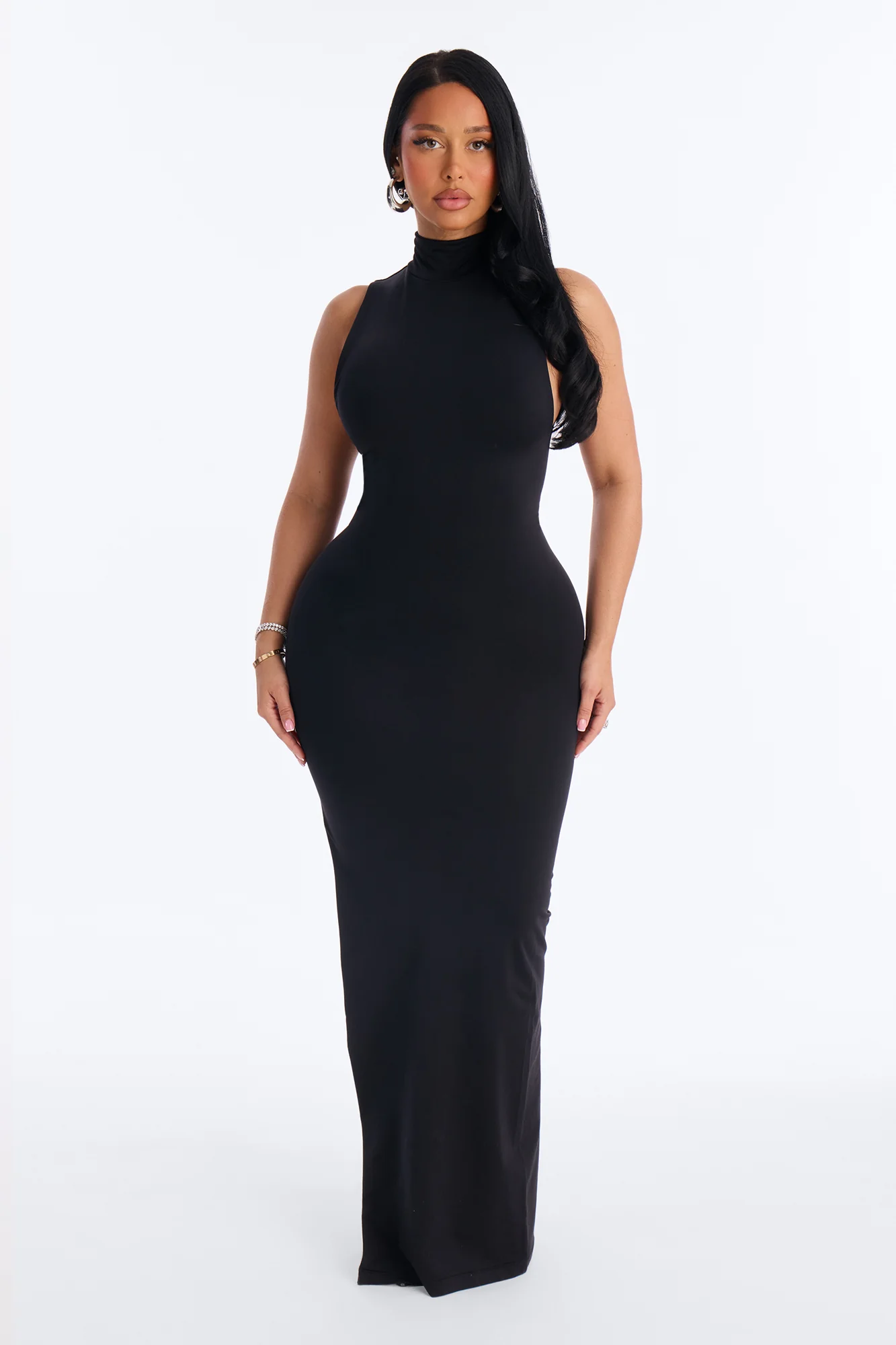 Seamless Smooth Double Lined High Neck Sleeveless Maxi Dress - Black