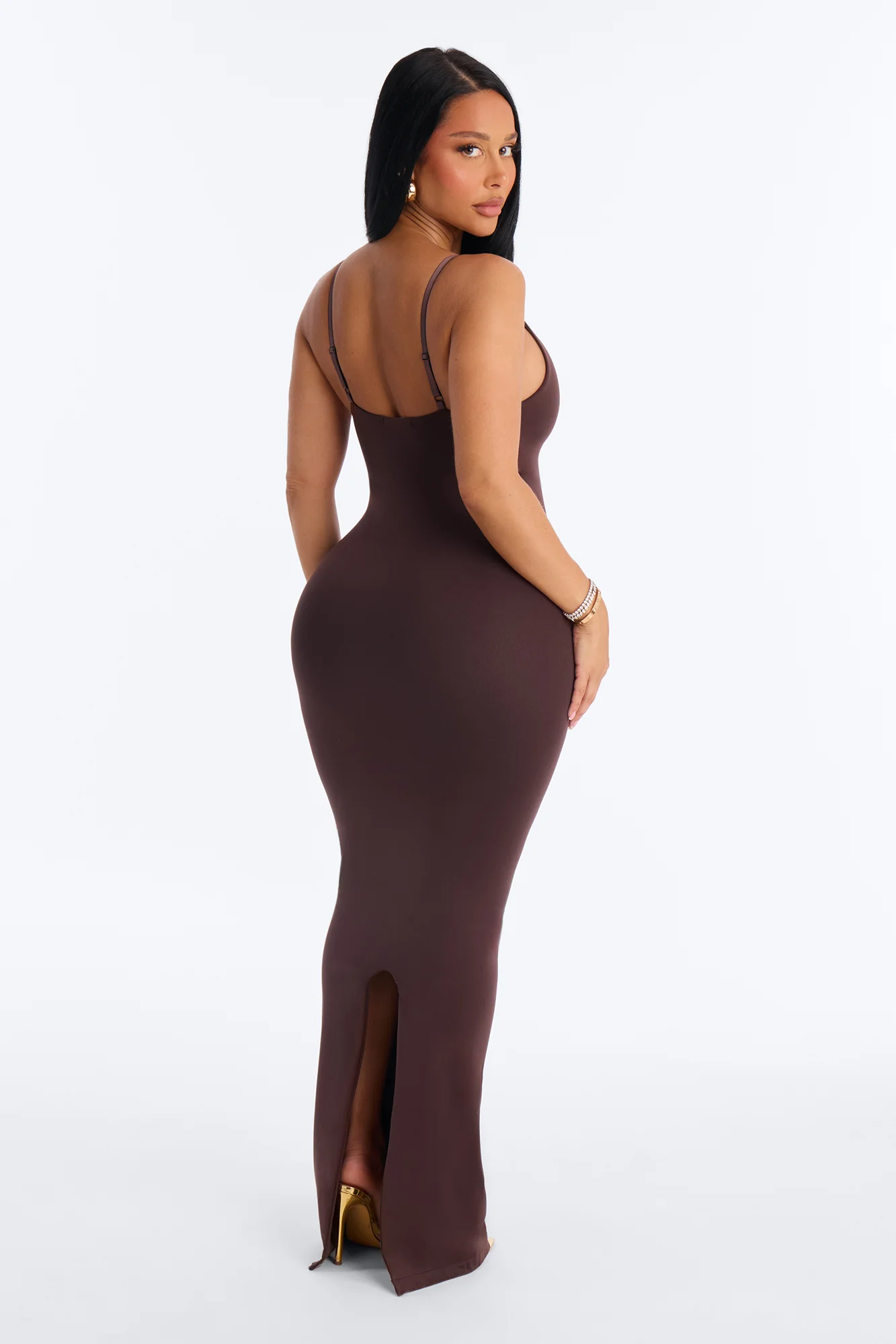 Seamless Smooth Double Lined Scoop Neck Maxi Dress - Chocolate - Image 4