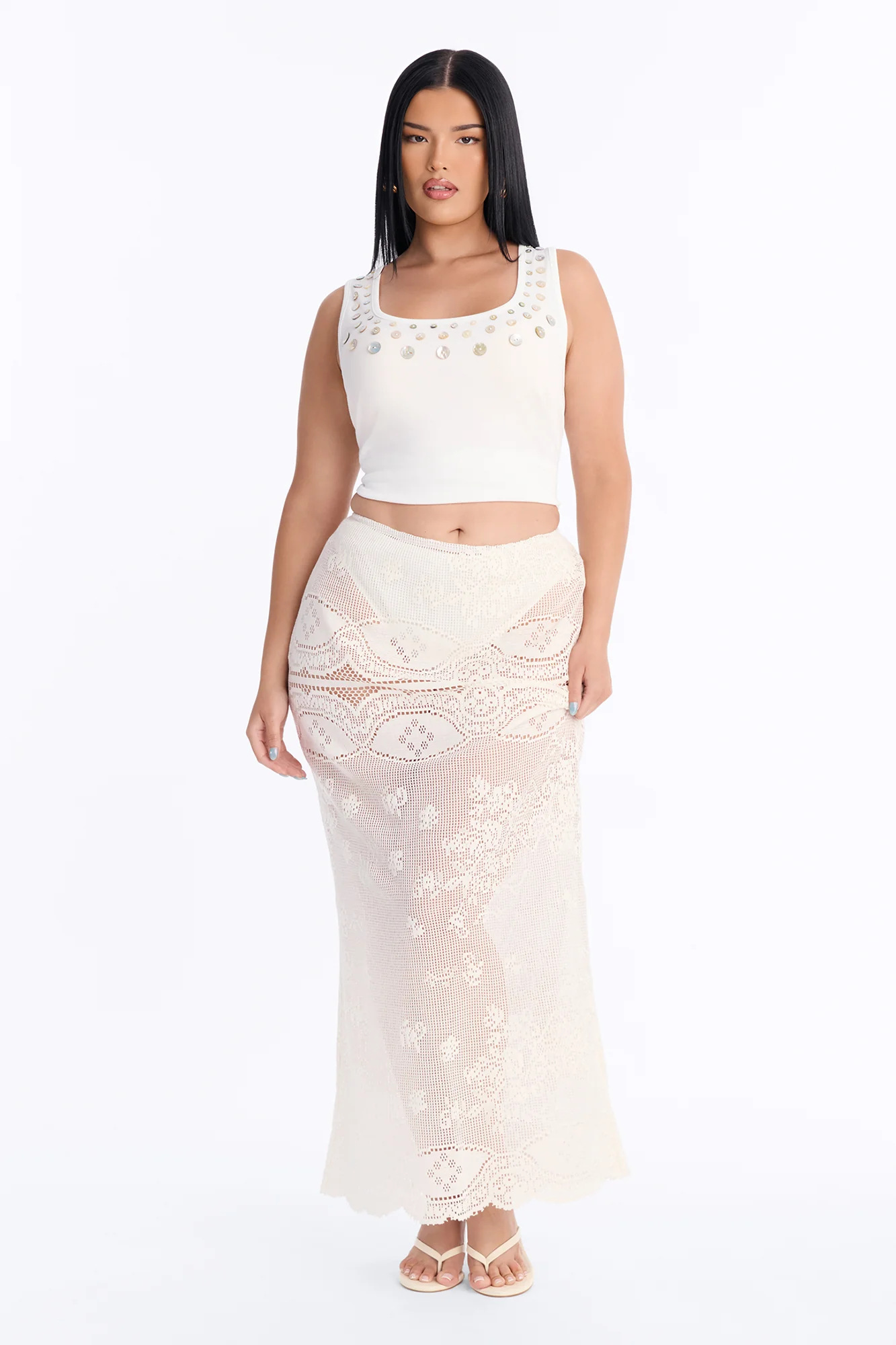 Seashell Island Embellished Ribbed Tank Top - White - Image 6