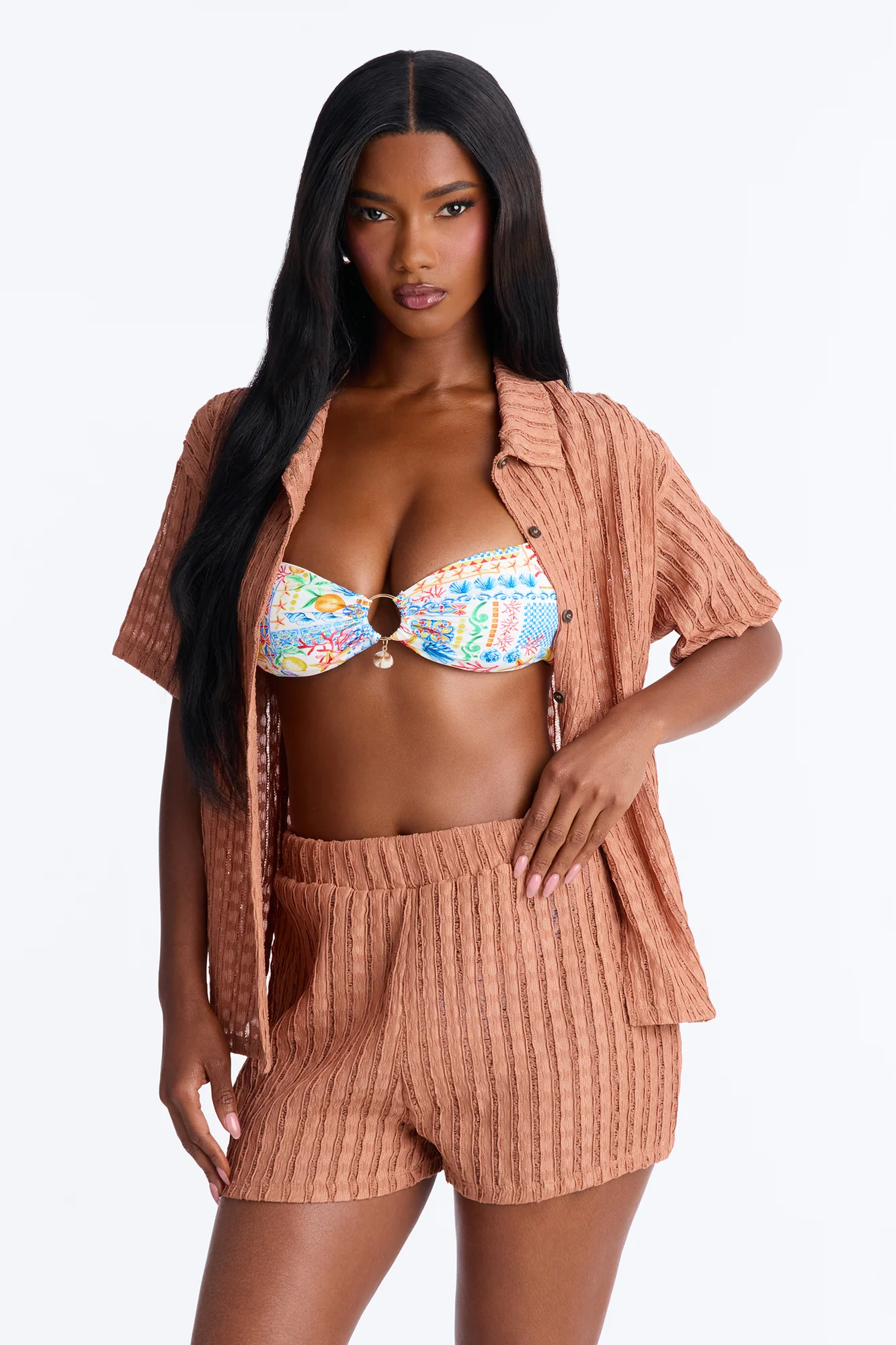 Seaside Vacation Button Up Cover Up Shorts Set - Mocha - Image 2