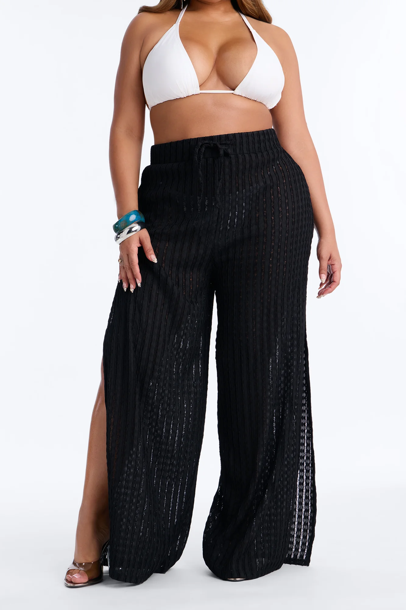 Seaside Vacation Side Slits Cover Up Pants - Black - Image 5