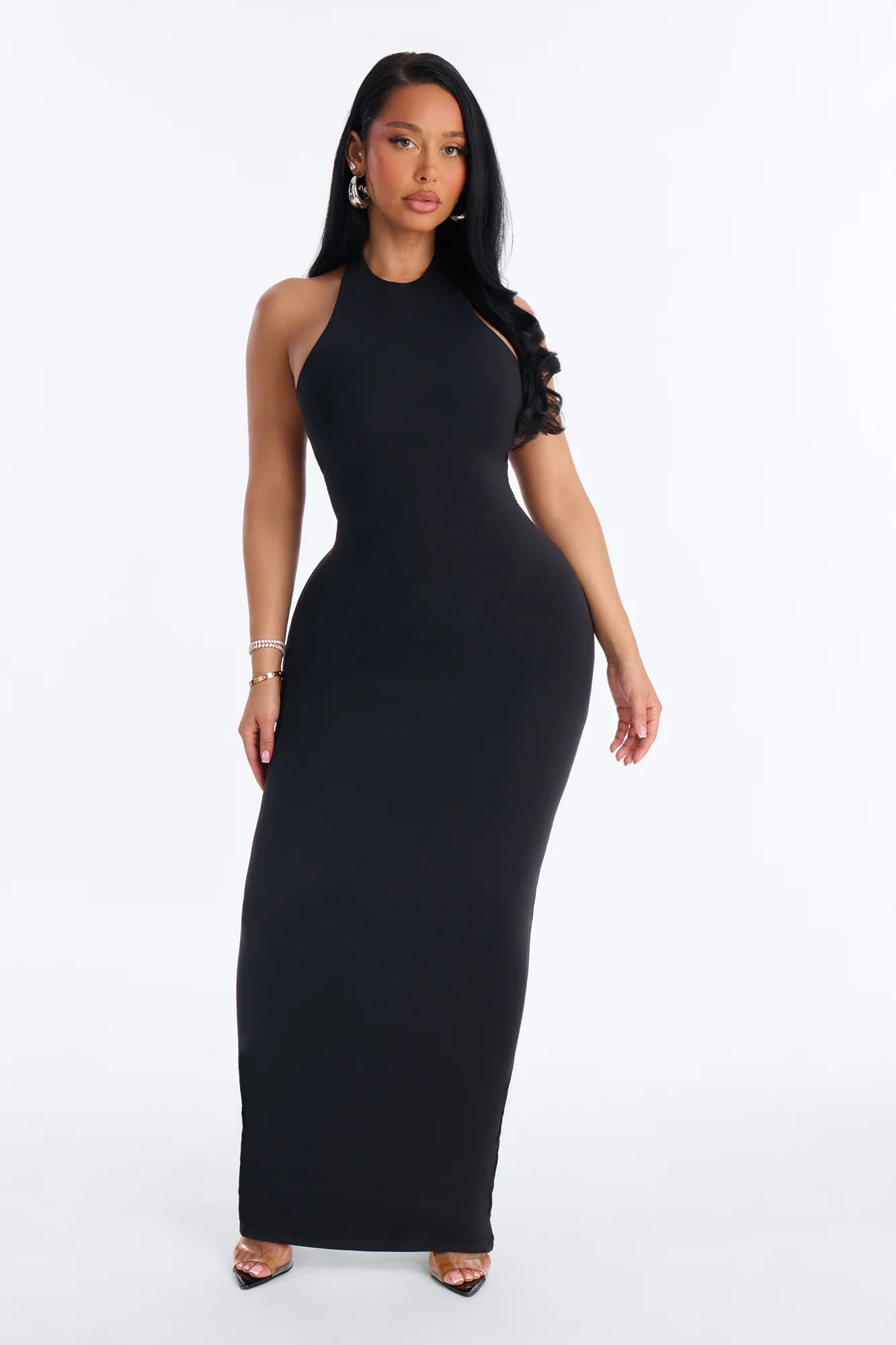 Second Skin Bra Pad Sleeveless Halter Maxi Dress - Black