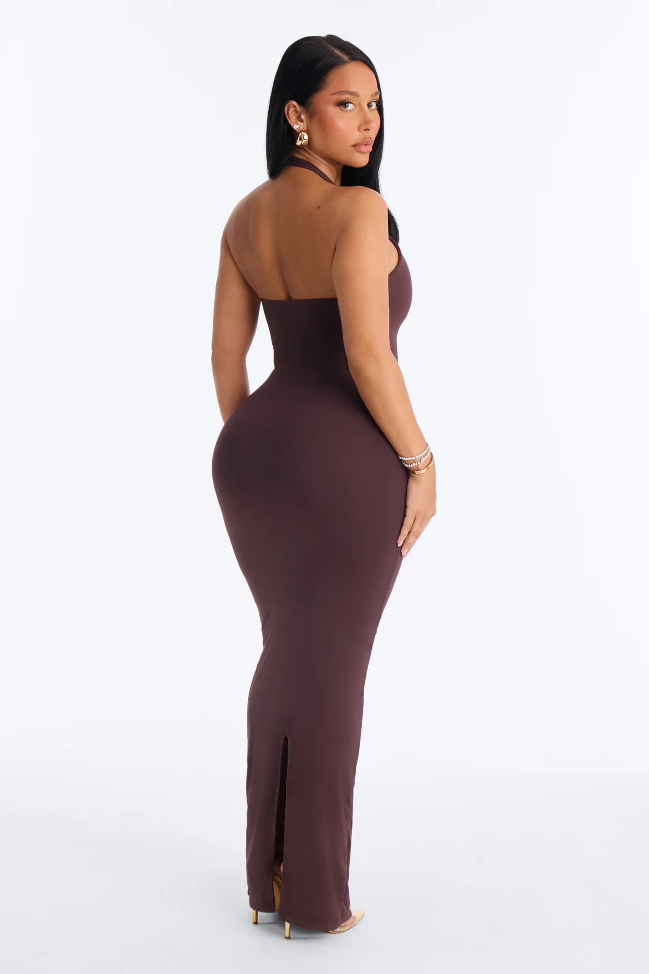 Second Skin Bra Pad Sleeveless Halter Maxi Dress - Chocolate - Image 4