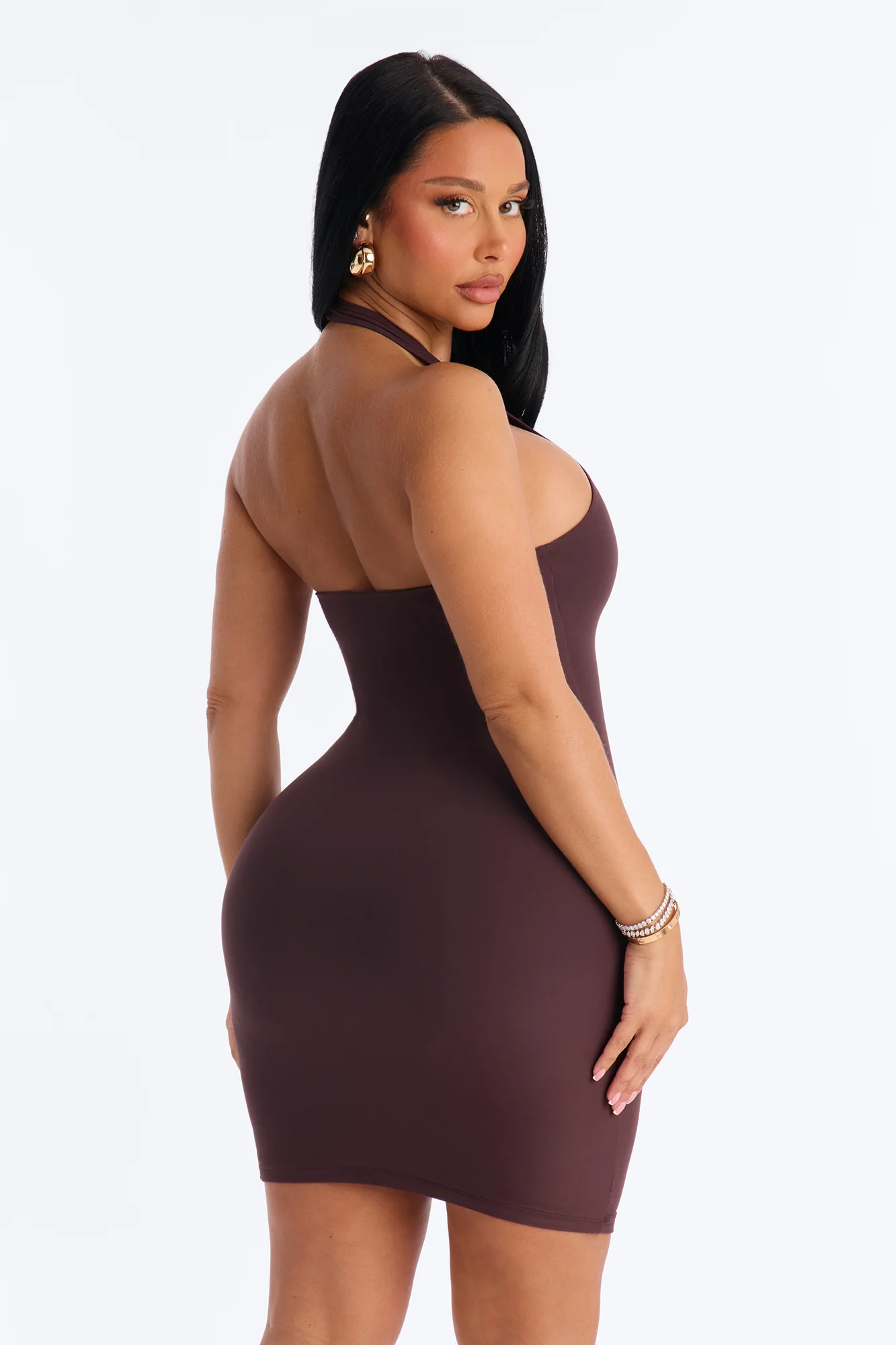 Second Skin Bra Pad Sleeveless Halter Mini Dress - Chocolate - Image 4