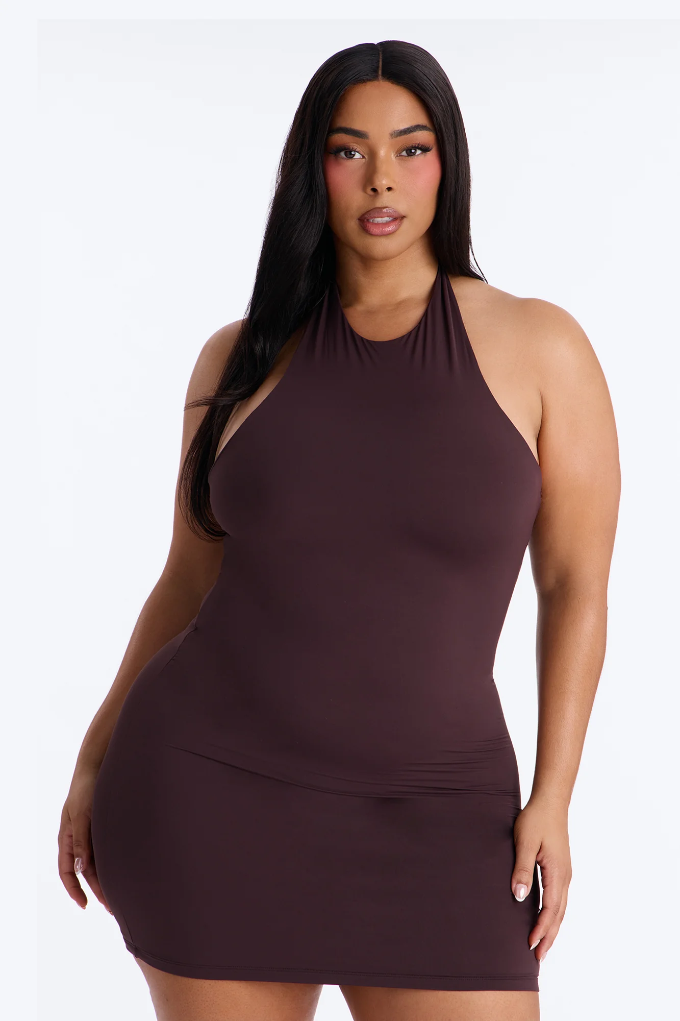 Second Skin Bra Pad Sleeveless Halter Mini Dress - Chocolate - Image 5