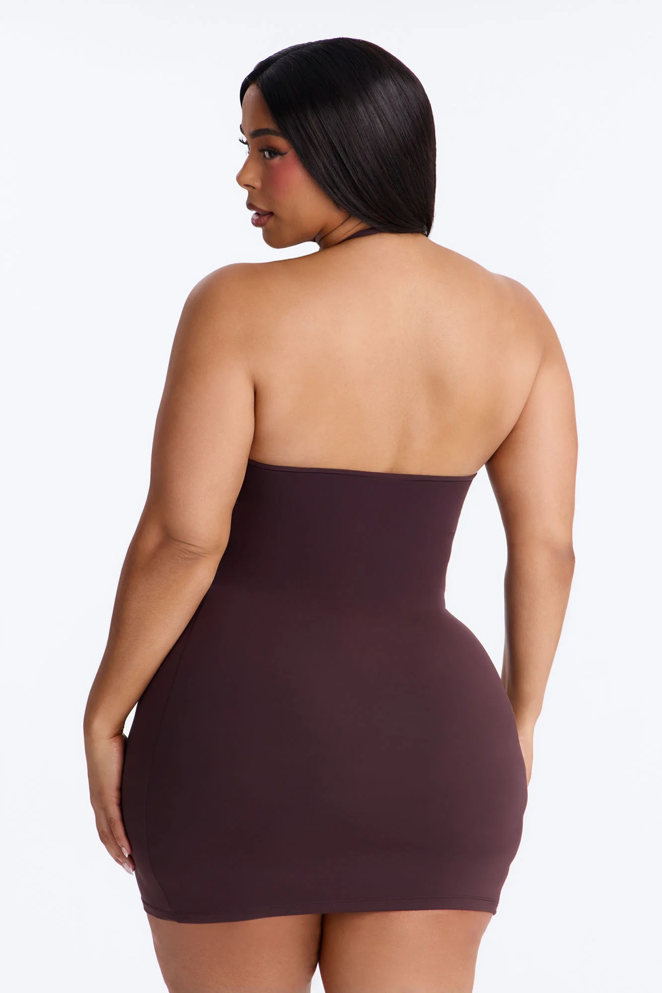 Second Skin Bra Pad Sleeveless Halter Mini Dress - Chocolate - Image 8