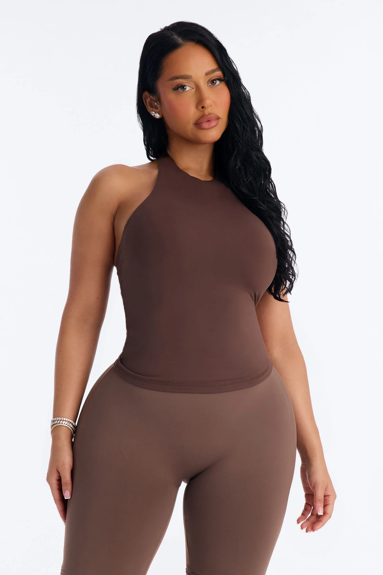 Second Skin Bra Pad Sleeveless Halter Top - Brown