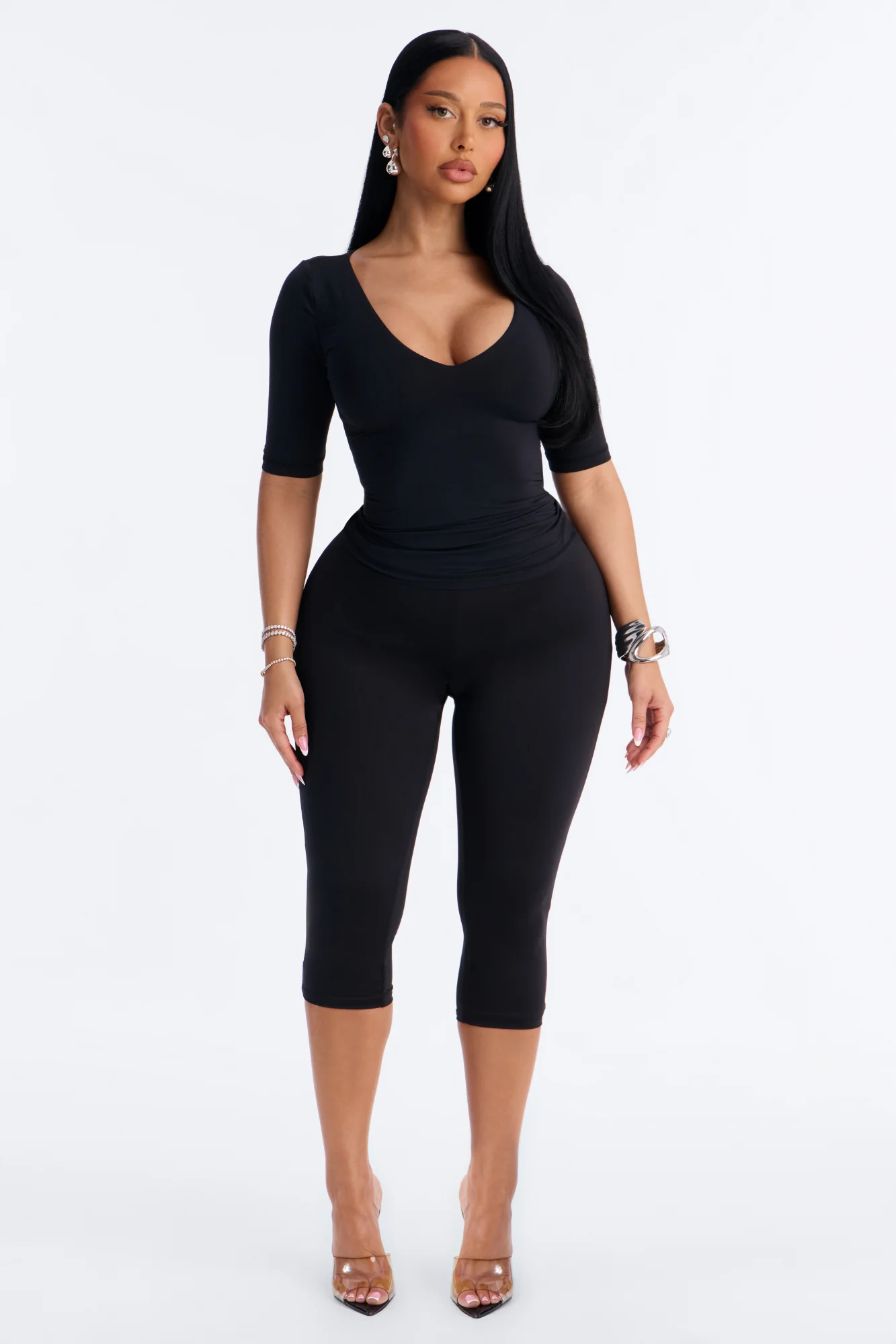 Second Skin Deep U Neck Elbow Sleeve Top - Black - Image 2