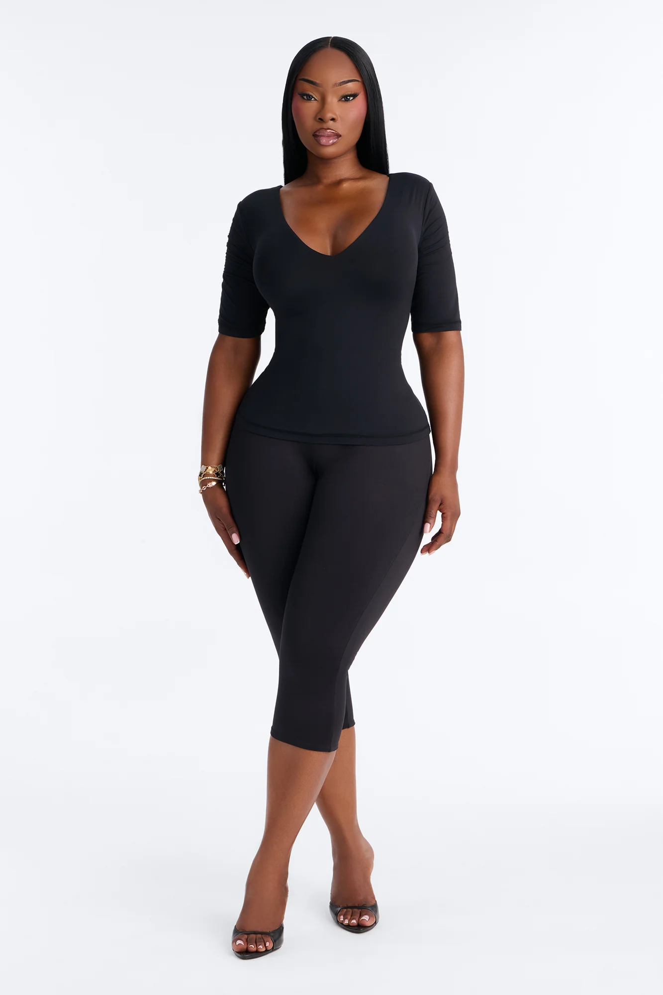 Second Skin Deep U Neck Elbow Sleeve Top - Black - Image 6