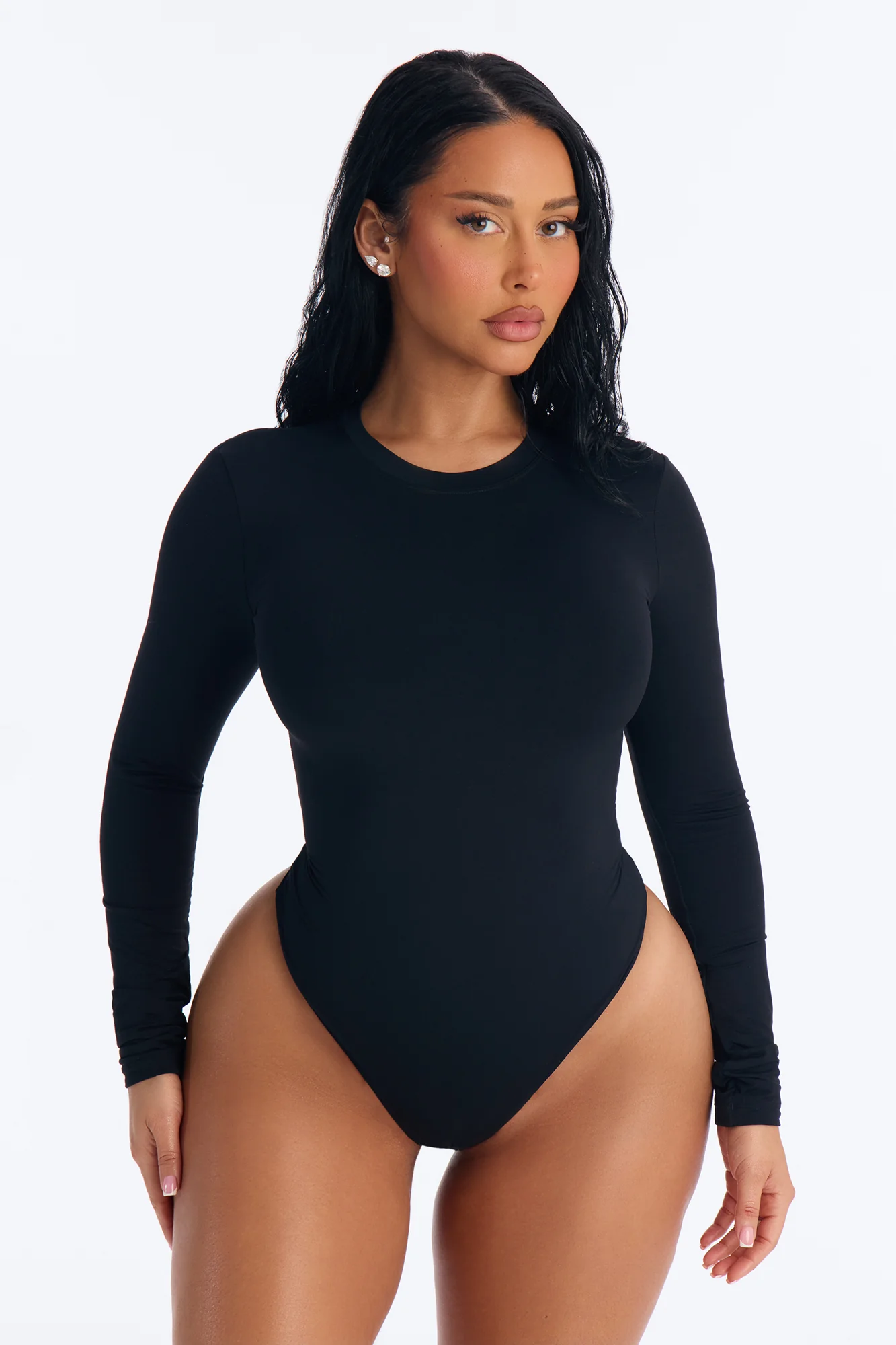 Second Skin Double Lined Crew Neck Long Sleeve Bodysuit - Black